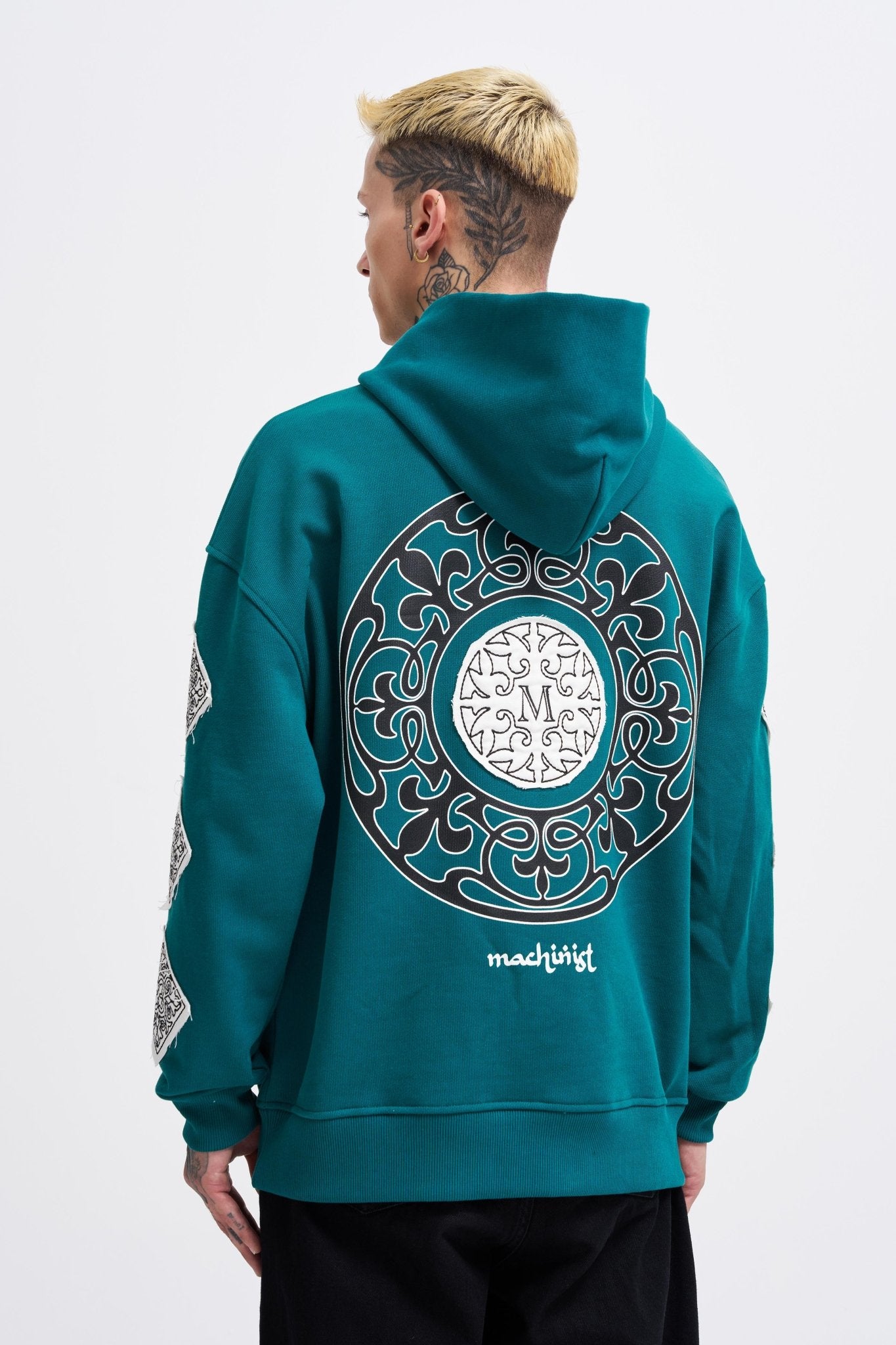 Erkek Patched Ethnic Kapüşonlu Sweatshirt Yağ Yeşili