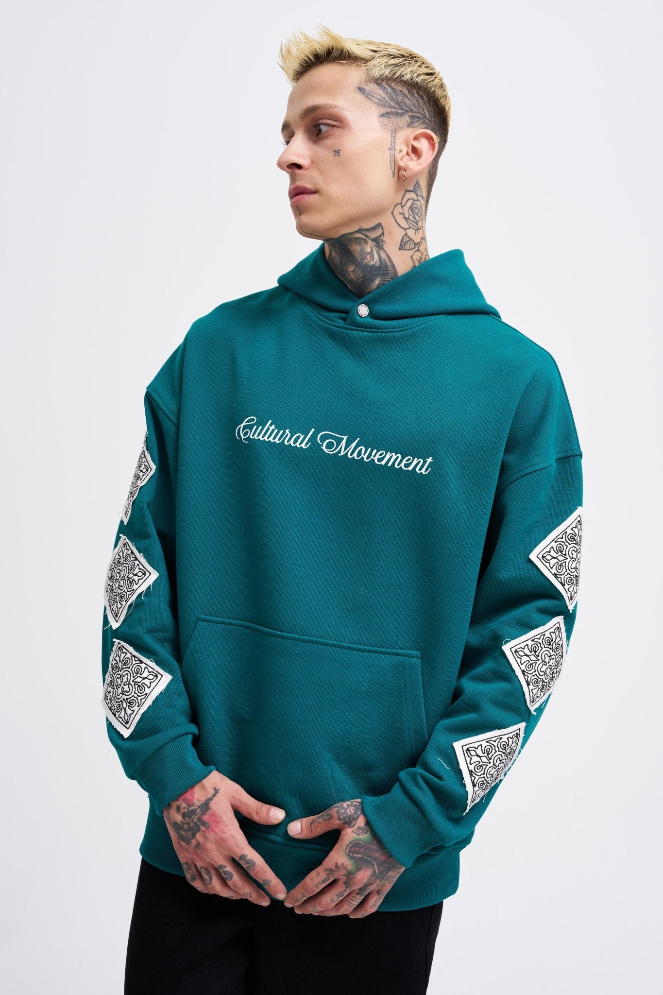 Erkek Patched Ethnic Kapüşonlu Sweatshirt Yağ Yeşili
