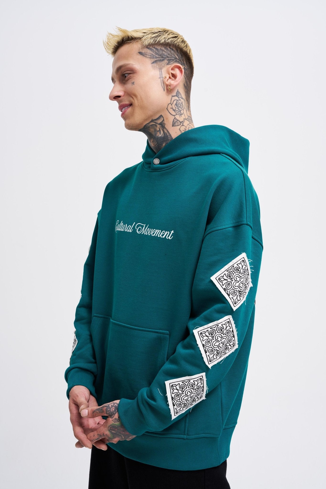 Erkek Patched Ethnic Kapüşonlu Sweatshirt Yağ Yeşili