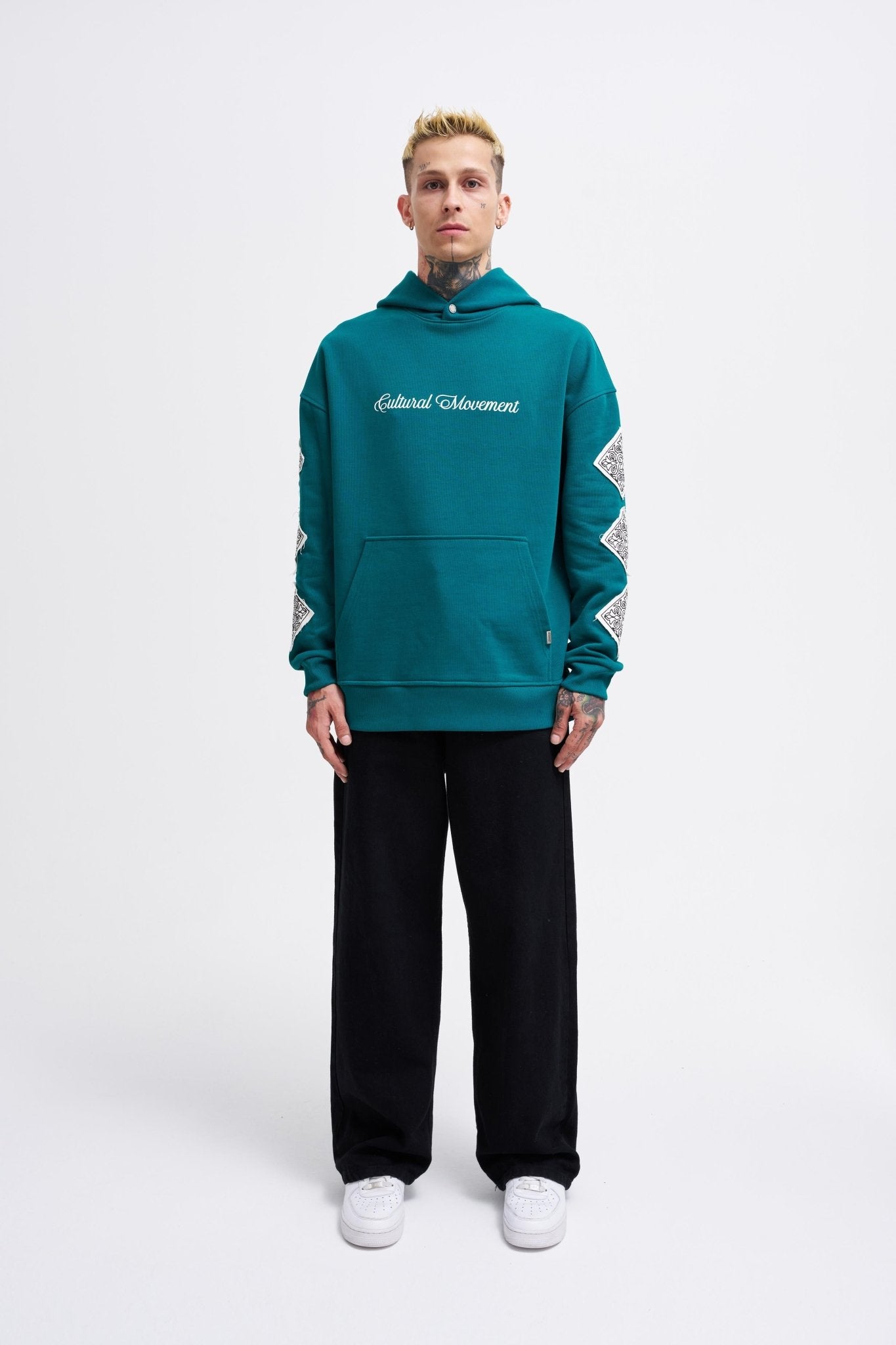 Erkek Patched Ethnic Kapüşonlu Sweatshirt Yağ Yeşili