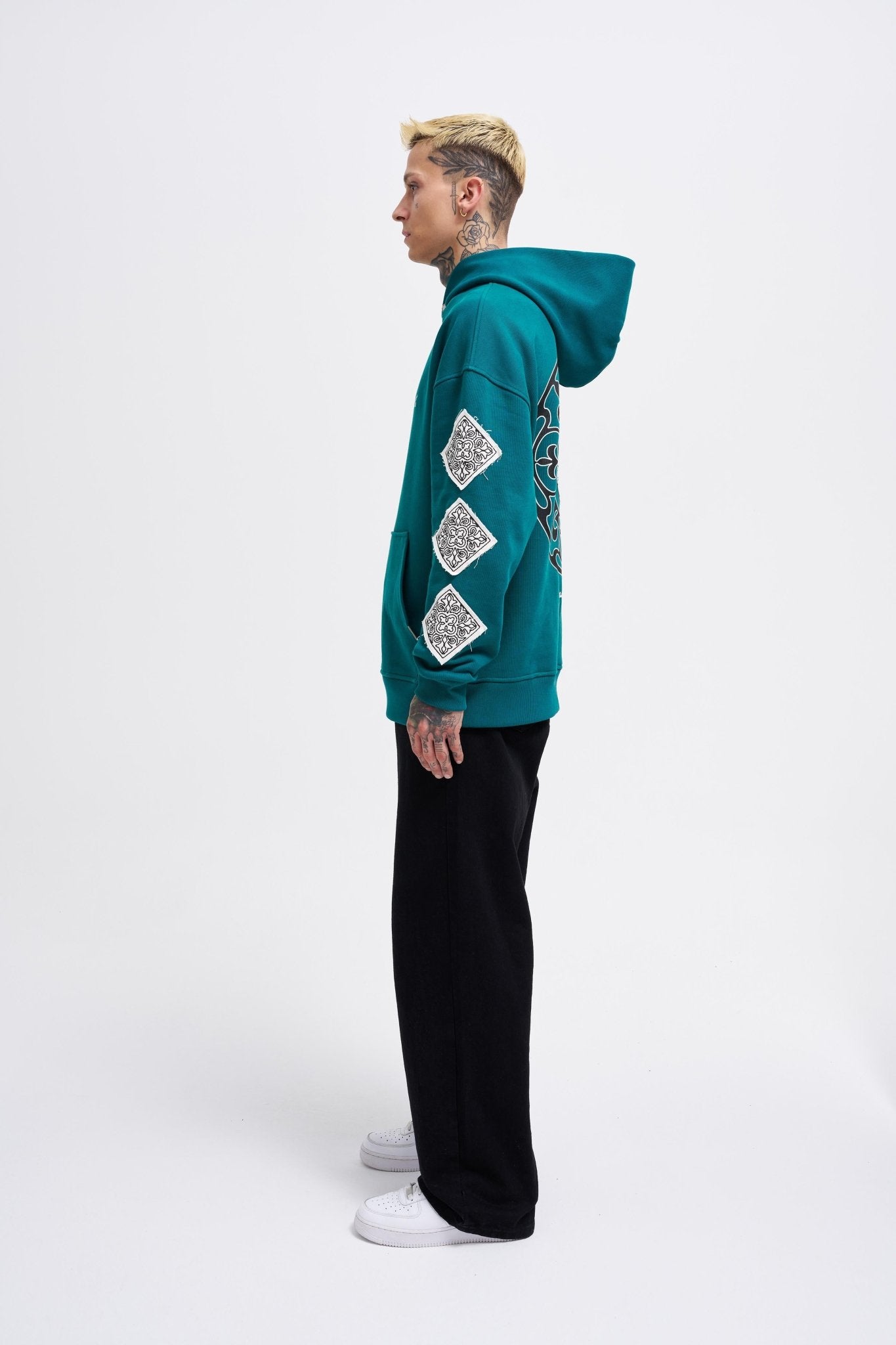 Erkek Patched Ethnic Kapüşonlu Sweatshirt Yağ Yeşili