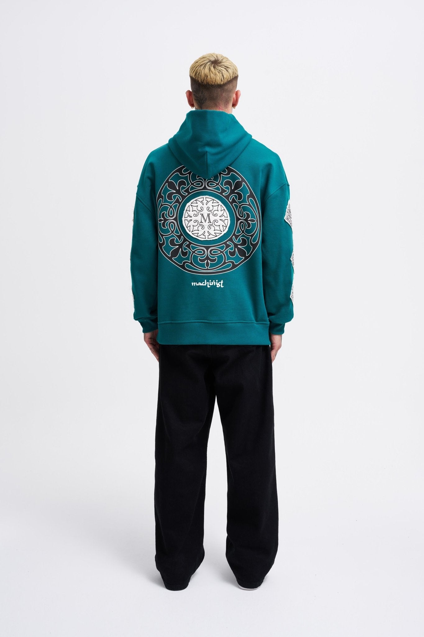 Erkek Patched Ethnic Kapüşonlu Sweatshirt Yağ Yeşili