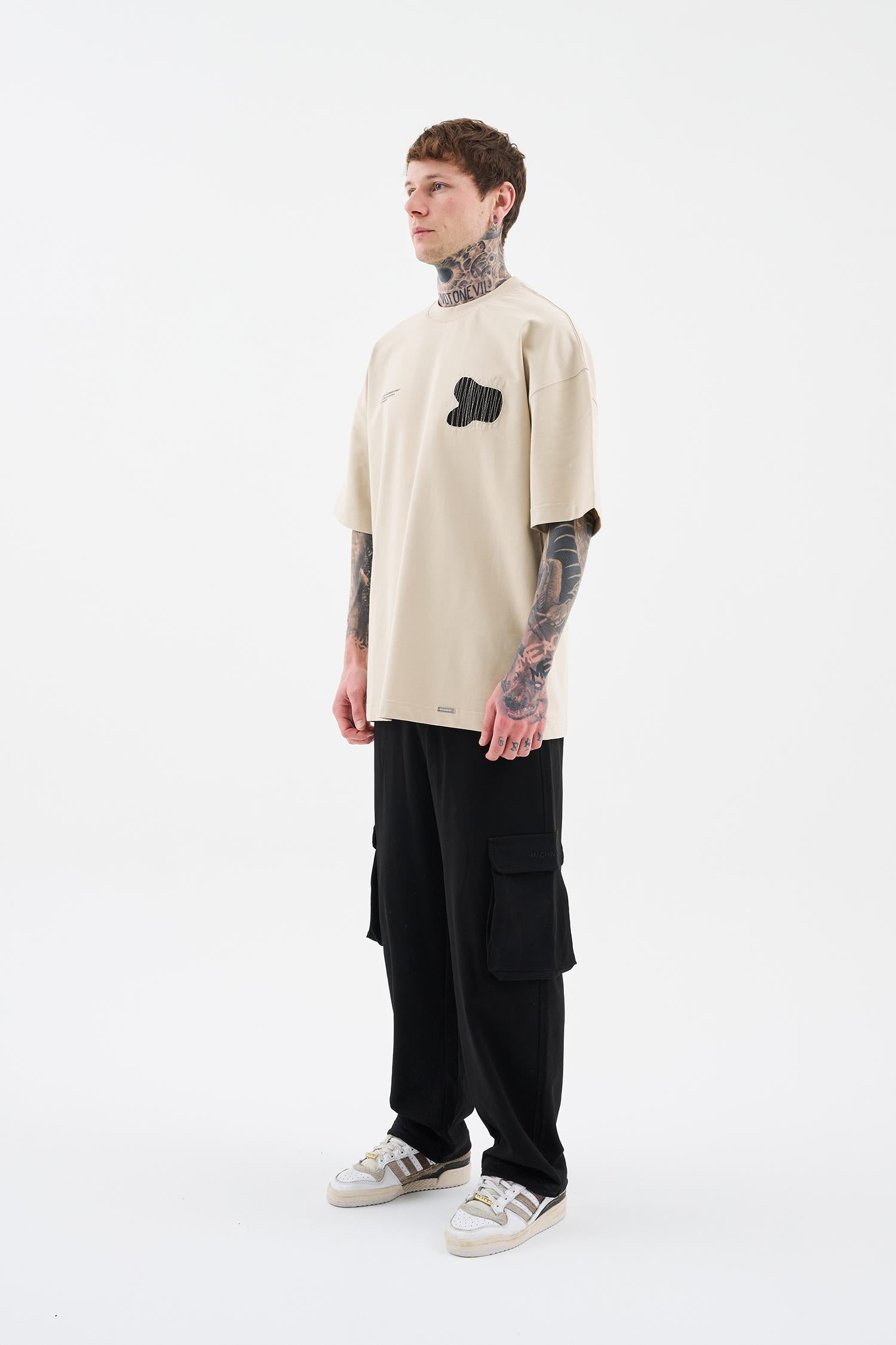 Erkek Patchwork and Stitched Oversize Tişört Açık Bej