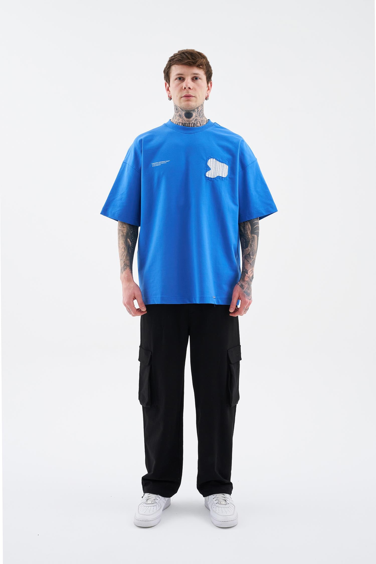 Erkek Patchwork and Stitched Oversize Tişört Açık Mavi