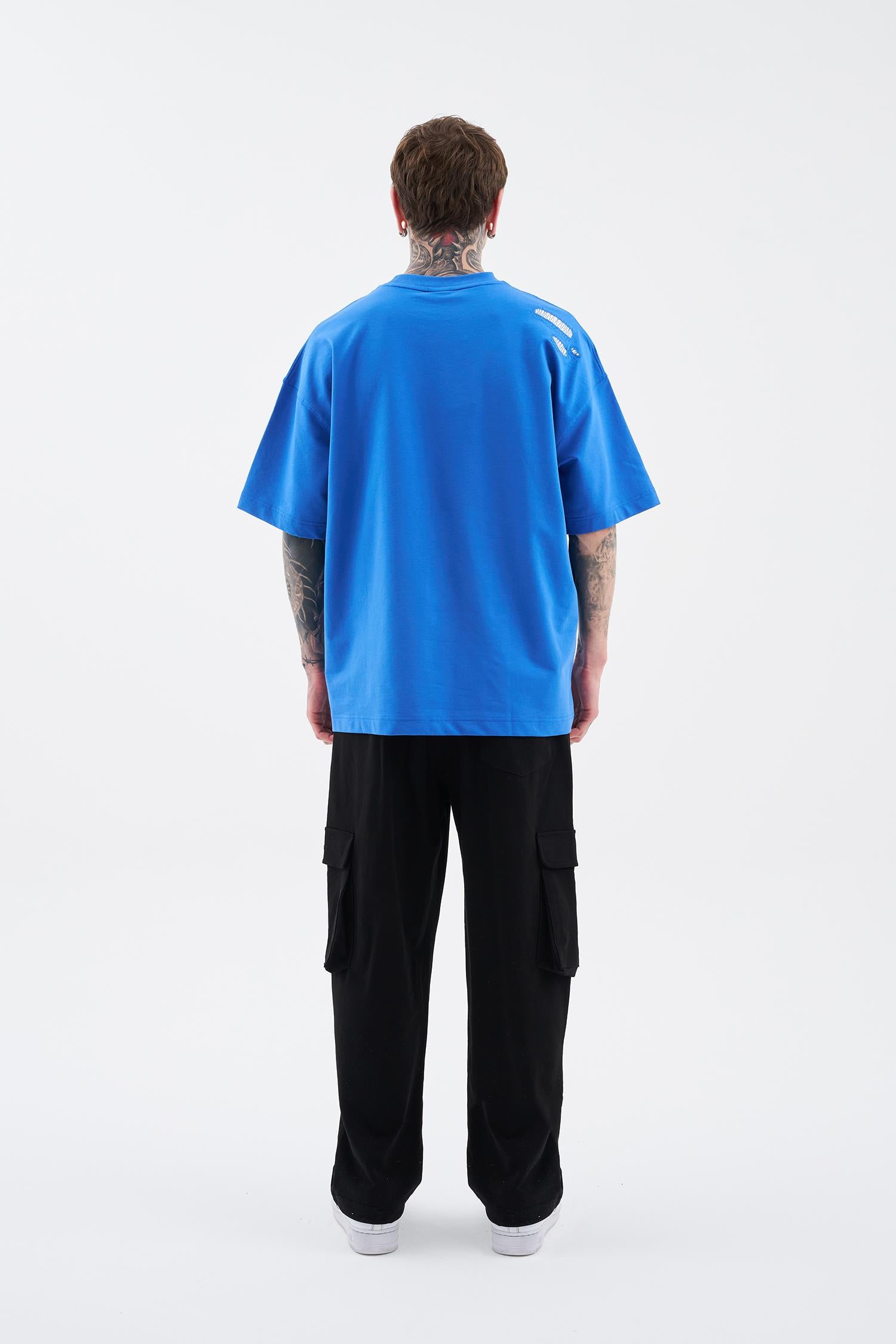 Erkek Patchwork and Stitched Oversize Tişört Açık Mavi