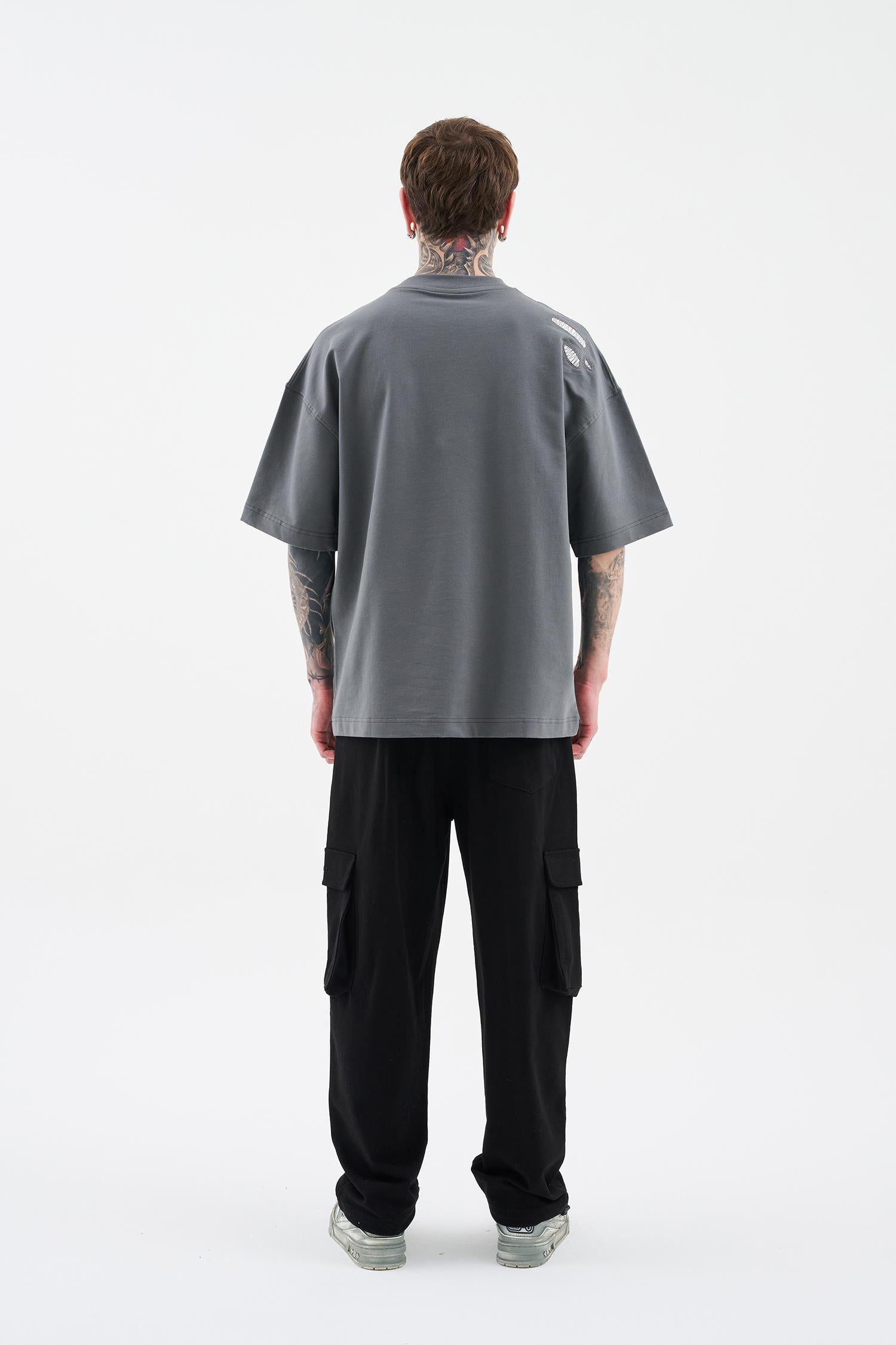 Erkek Patchwork and Stitched Oversize Tişört Duman