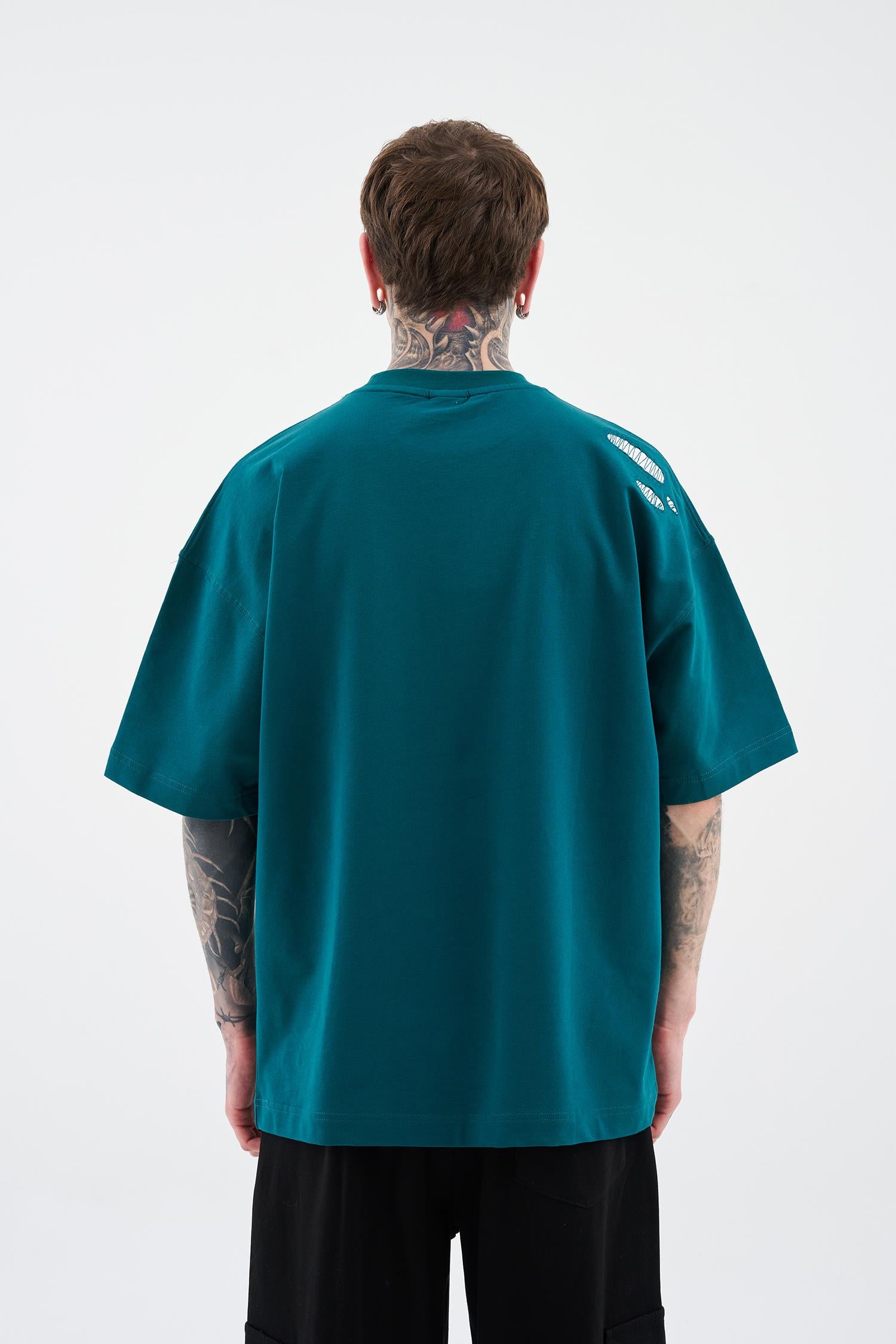 Erkek Patchwork and Stitched Oversize Tişört Yağ Yeşili