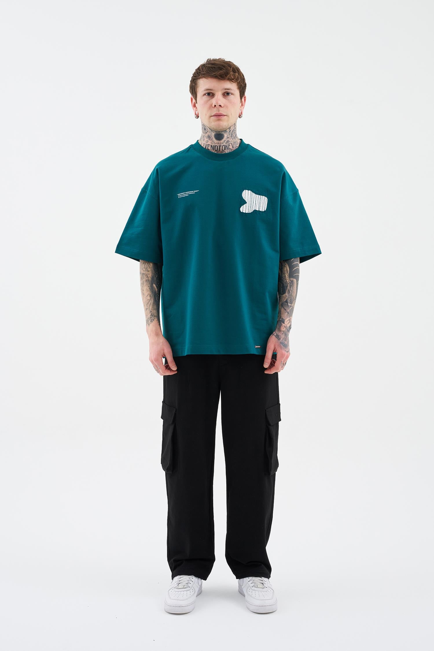 Erkek Patchwork and Stitched Oversize Tişört Yağ Yeşili