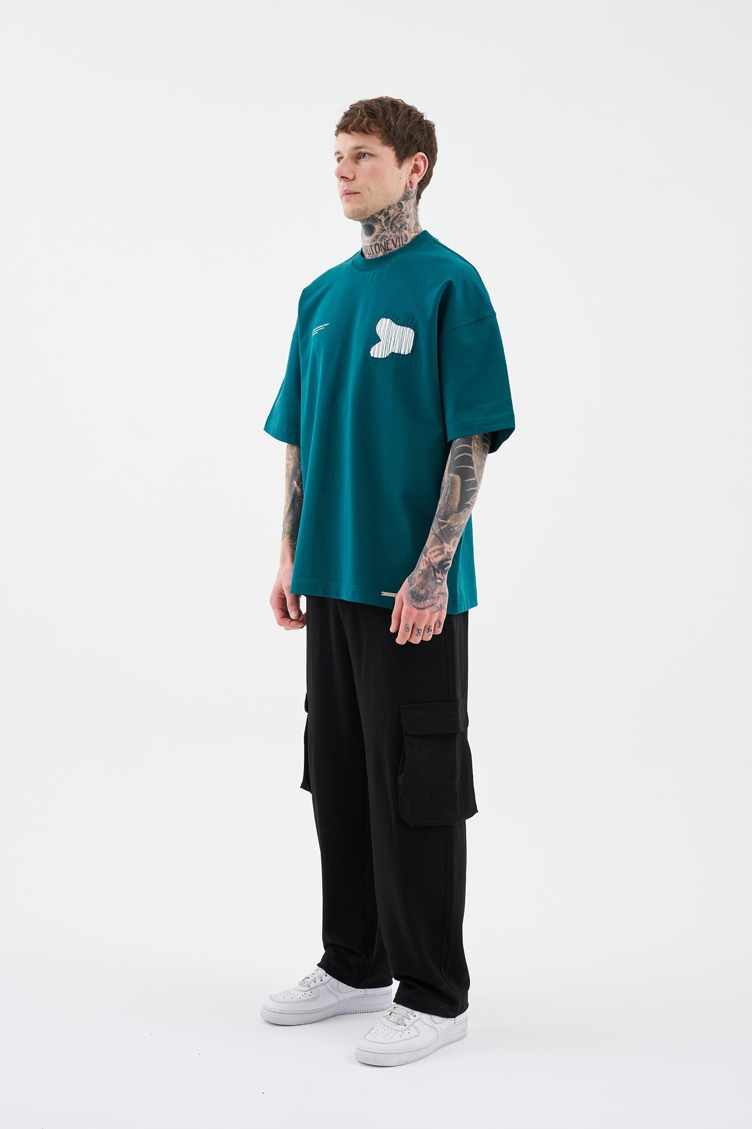 Erkek Patchwork and Stitched Oversize Tişört Yağ Yeşili