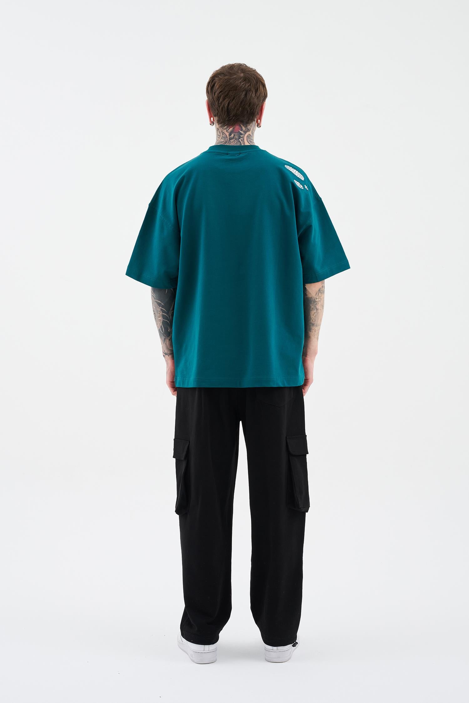 Erkek Patchwork and Stitched Oversize Tişört Yağ Yeşili
