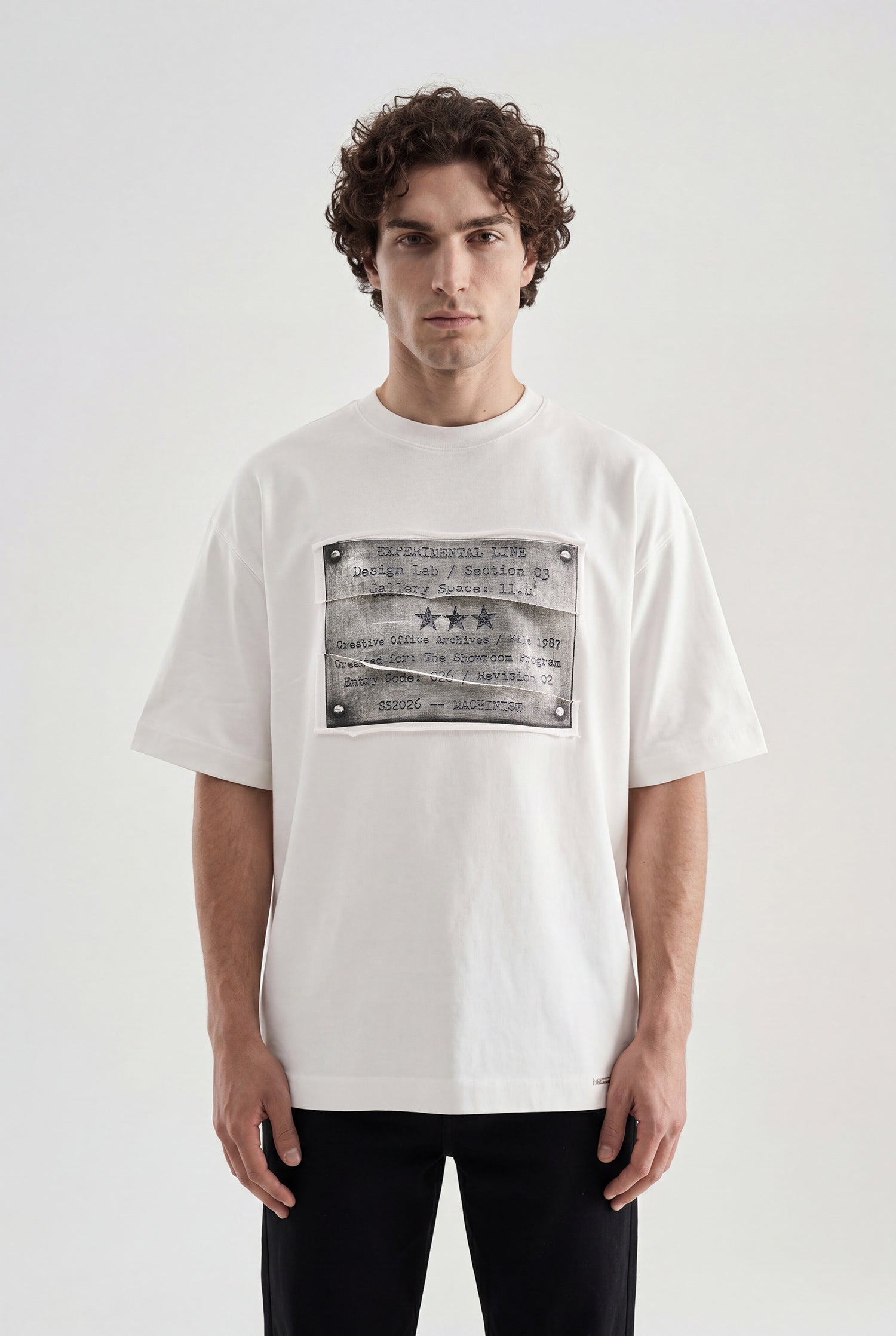 Erkek Patchwork Printed Oversize Tişört Ekru