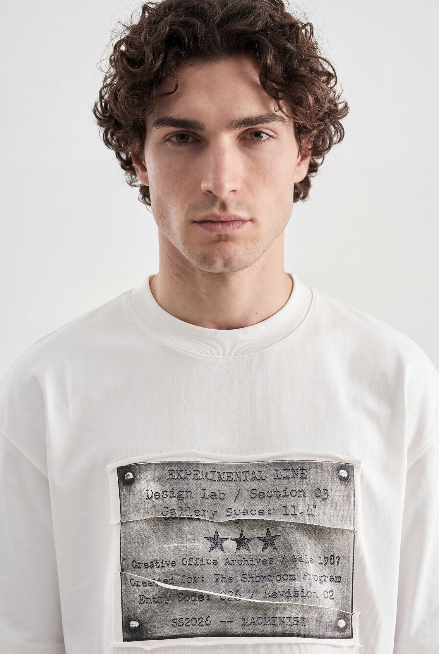 Erkek Patchwork Printed Oversize Tişört Ekru