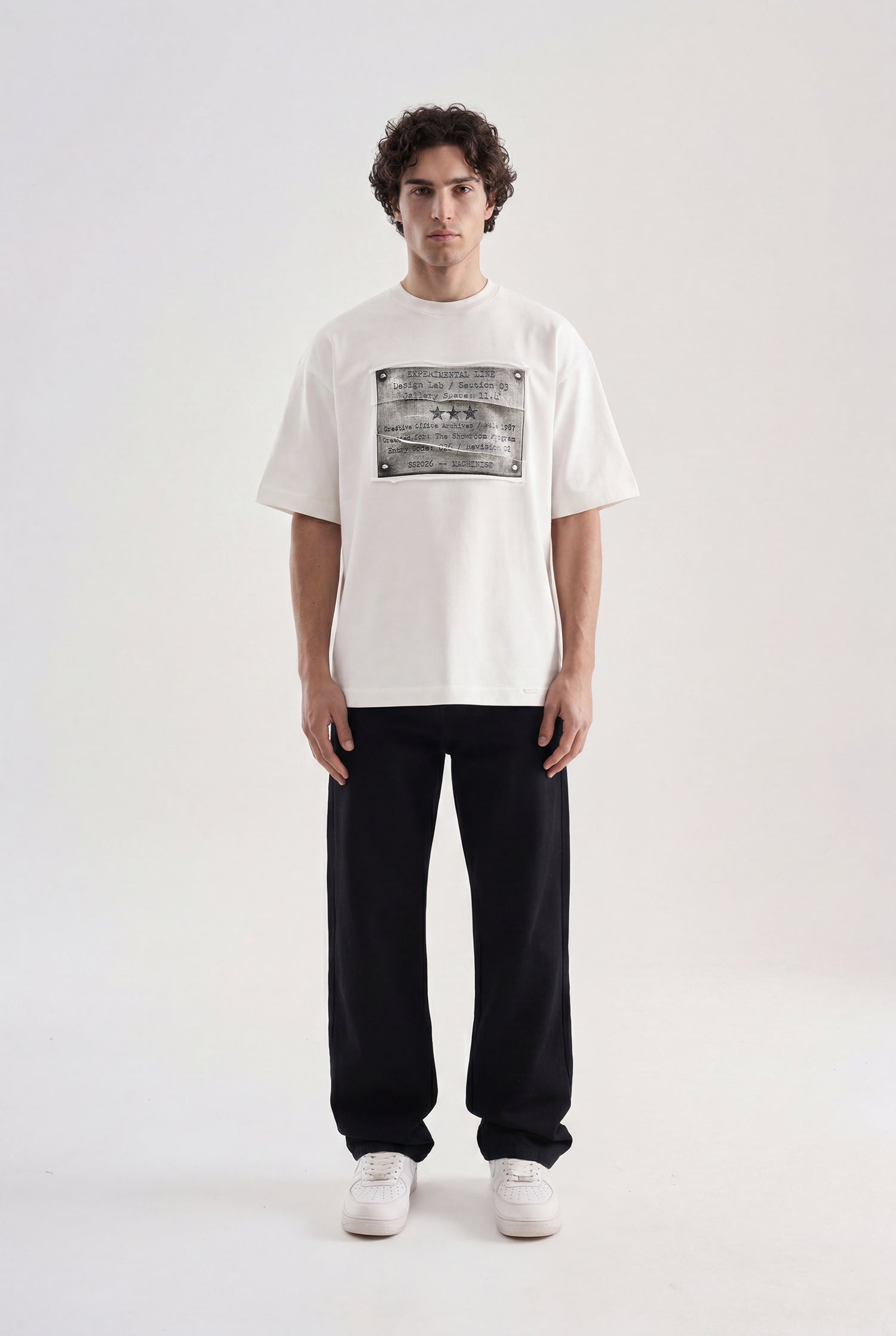 Erkek Patchwork Printed Oversize Tişört Ekru-4