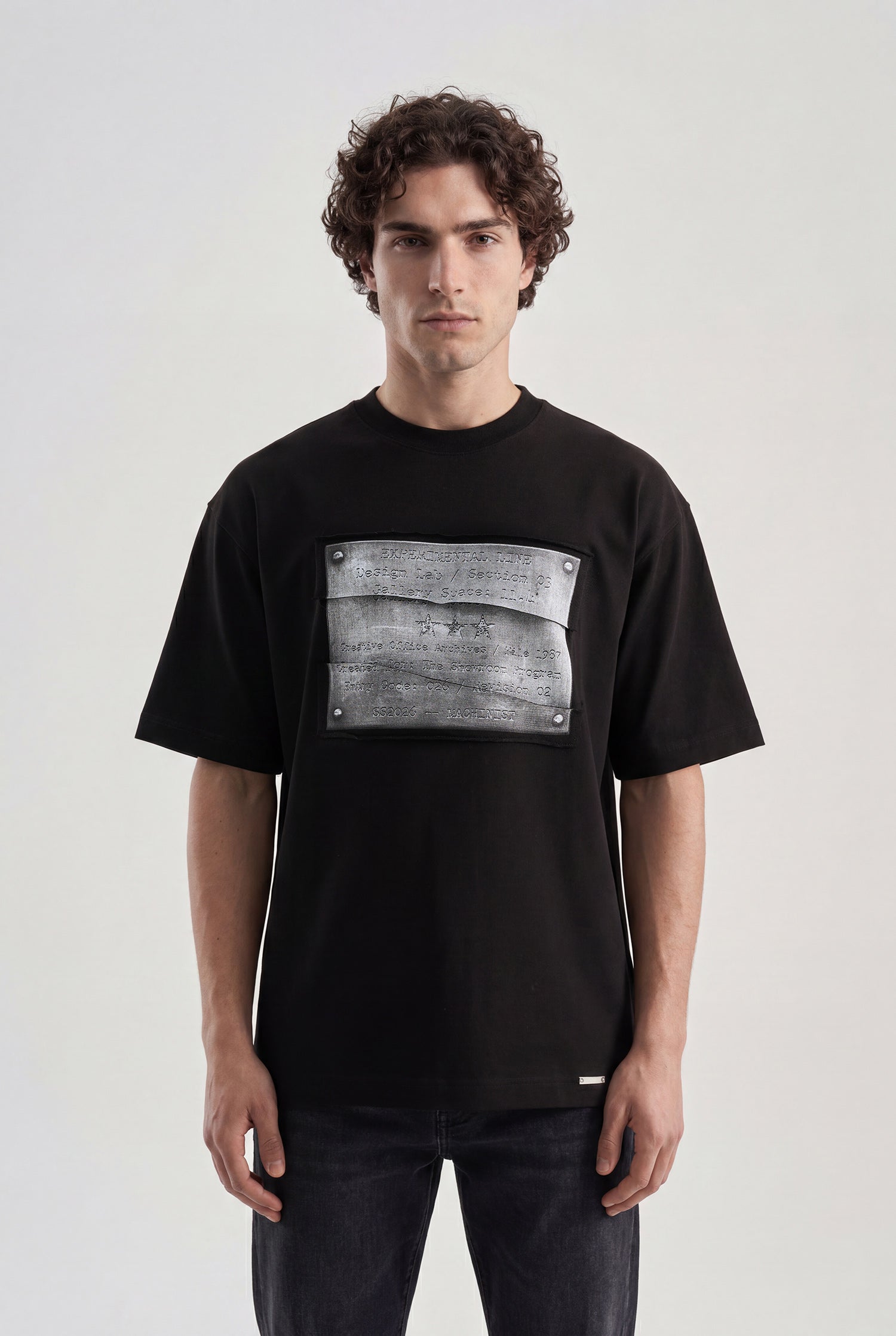 Erkek Patchwork Printed Oversize Tişört Siyah