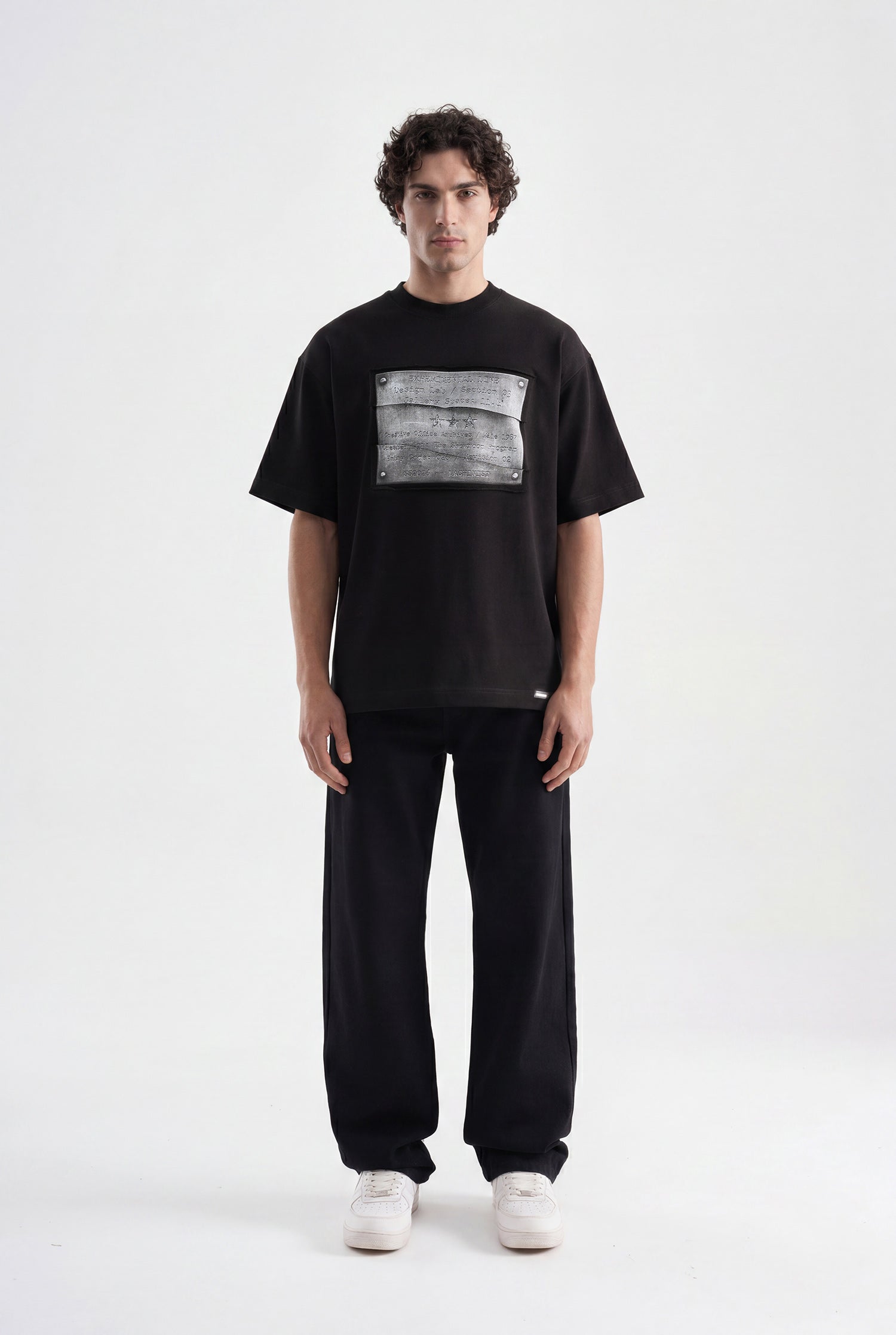 Erkek Patchwork Printed Oversize Tişört Siyah-4