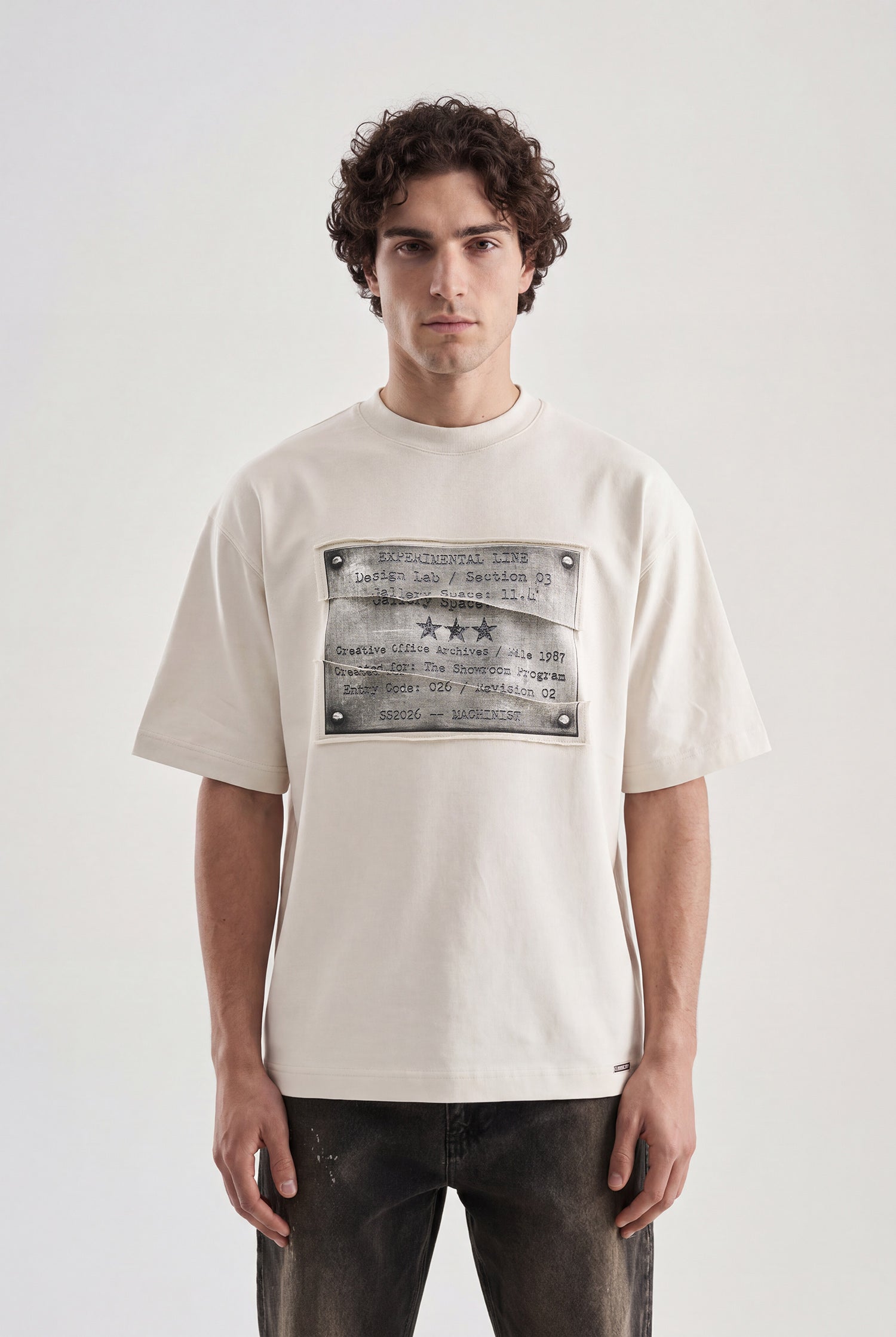 Erkek Patchwork Printed Oversize Tişört Uzay Grisi