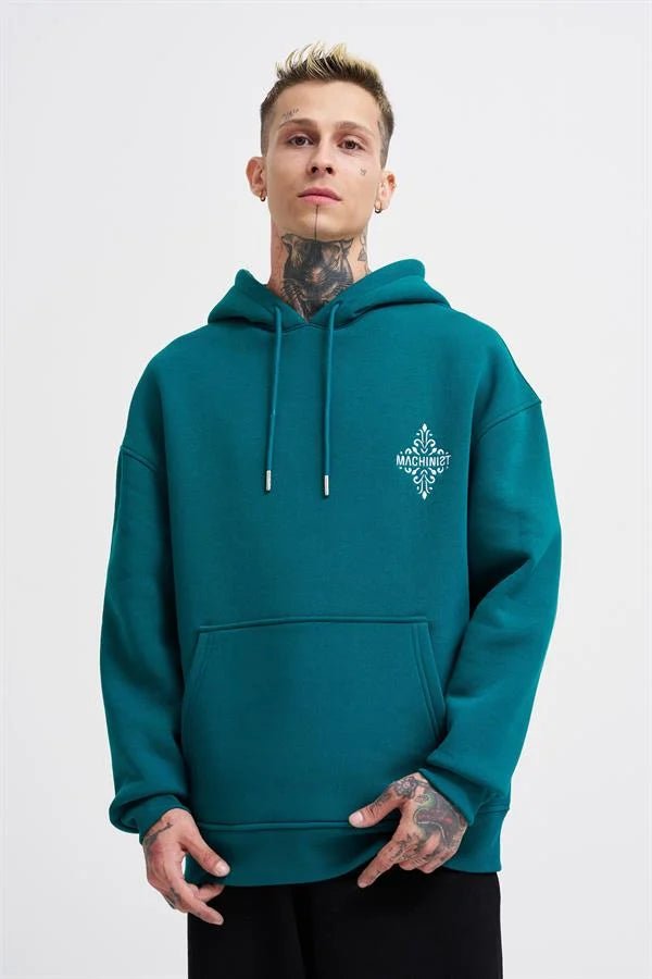 Erkek Patcwork Embroidered Kapüşonlu Sweatshirt Yağ Yeşili