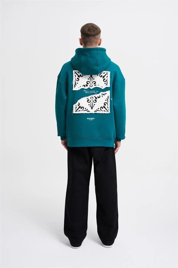 Erkek Patcwork Embroidered Kapüşonlu Sweatshirt Yağ Yeşili