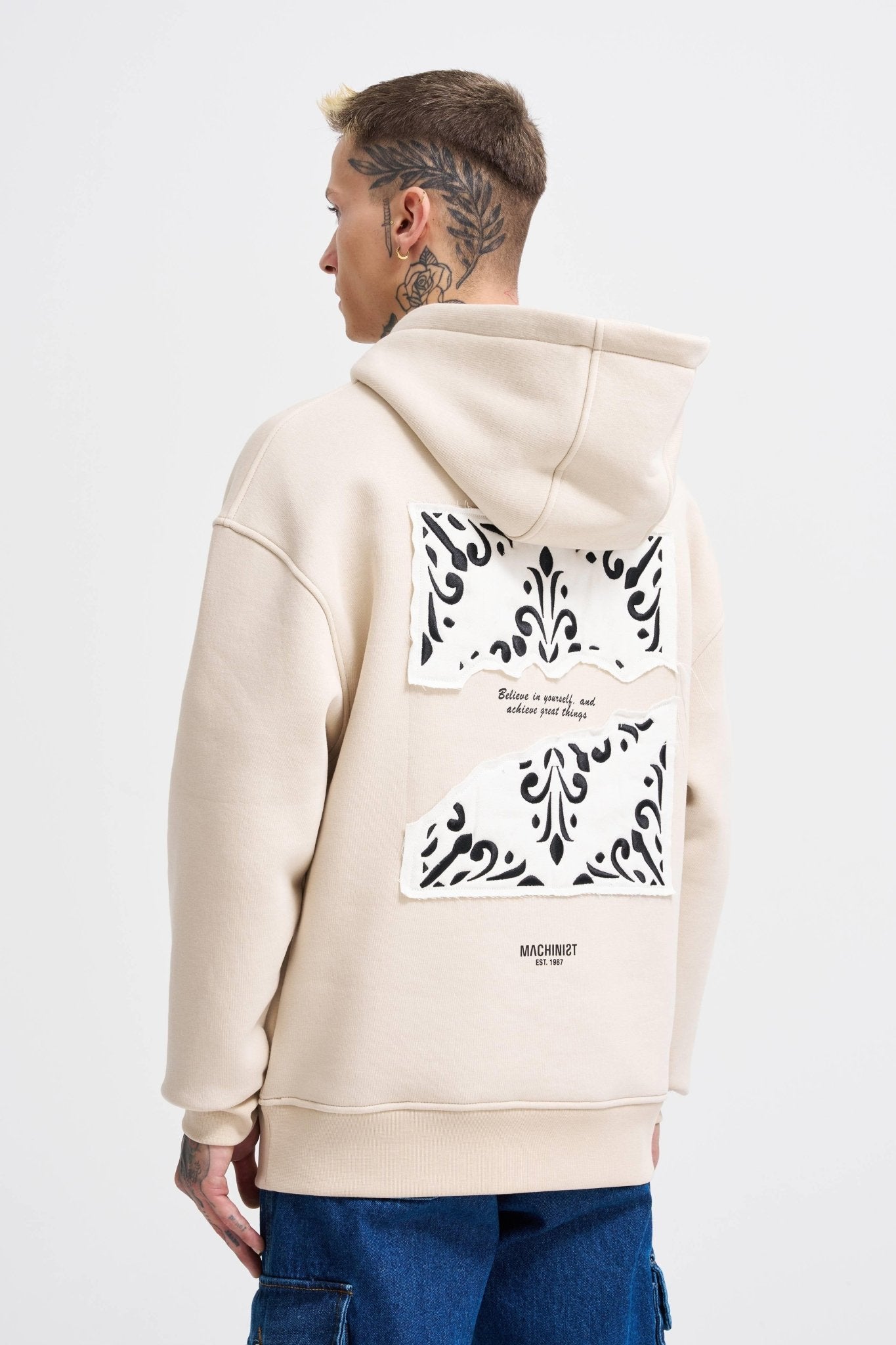 Erkek Patcwork Embroidered Kapüşonlu Sweatshirt Açık Bej