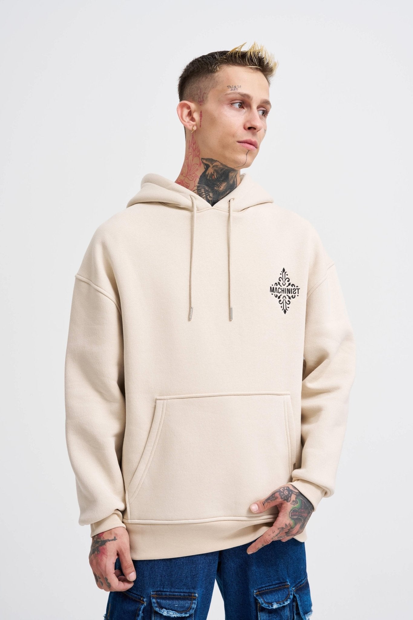 Erkek Patcwork Embroidered Kapüşonlu Sweatshirt Açık Bej