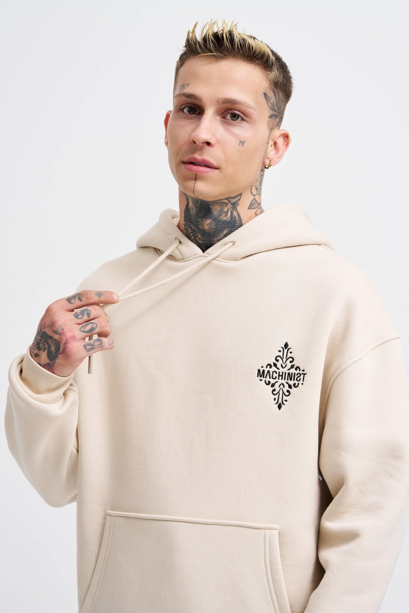 Erkek Patcwork Embroidered Kapüşonlu Sweatshirt Açık Bej
