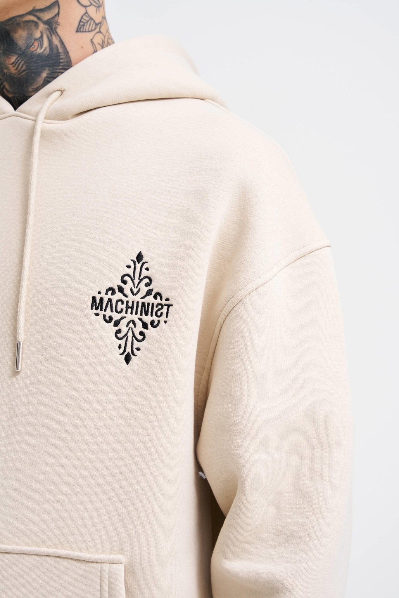 Erkek Patcwork Embroidered Kapüşonlu Sweatshirt Açık Bej