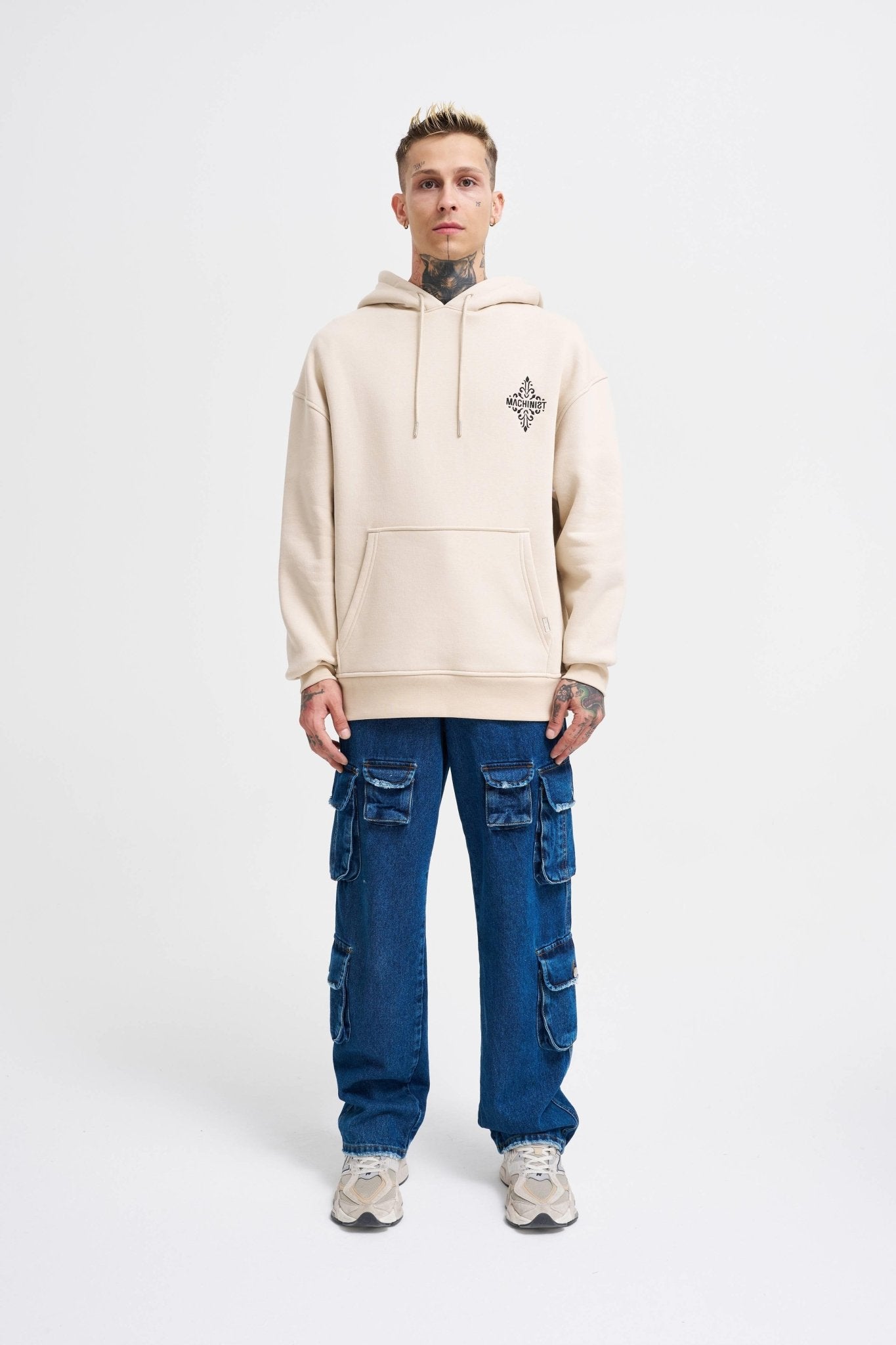 Erkek Patcwork Embroidered Kapüşonlu Sweatshirt Açık Bej
