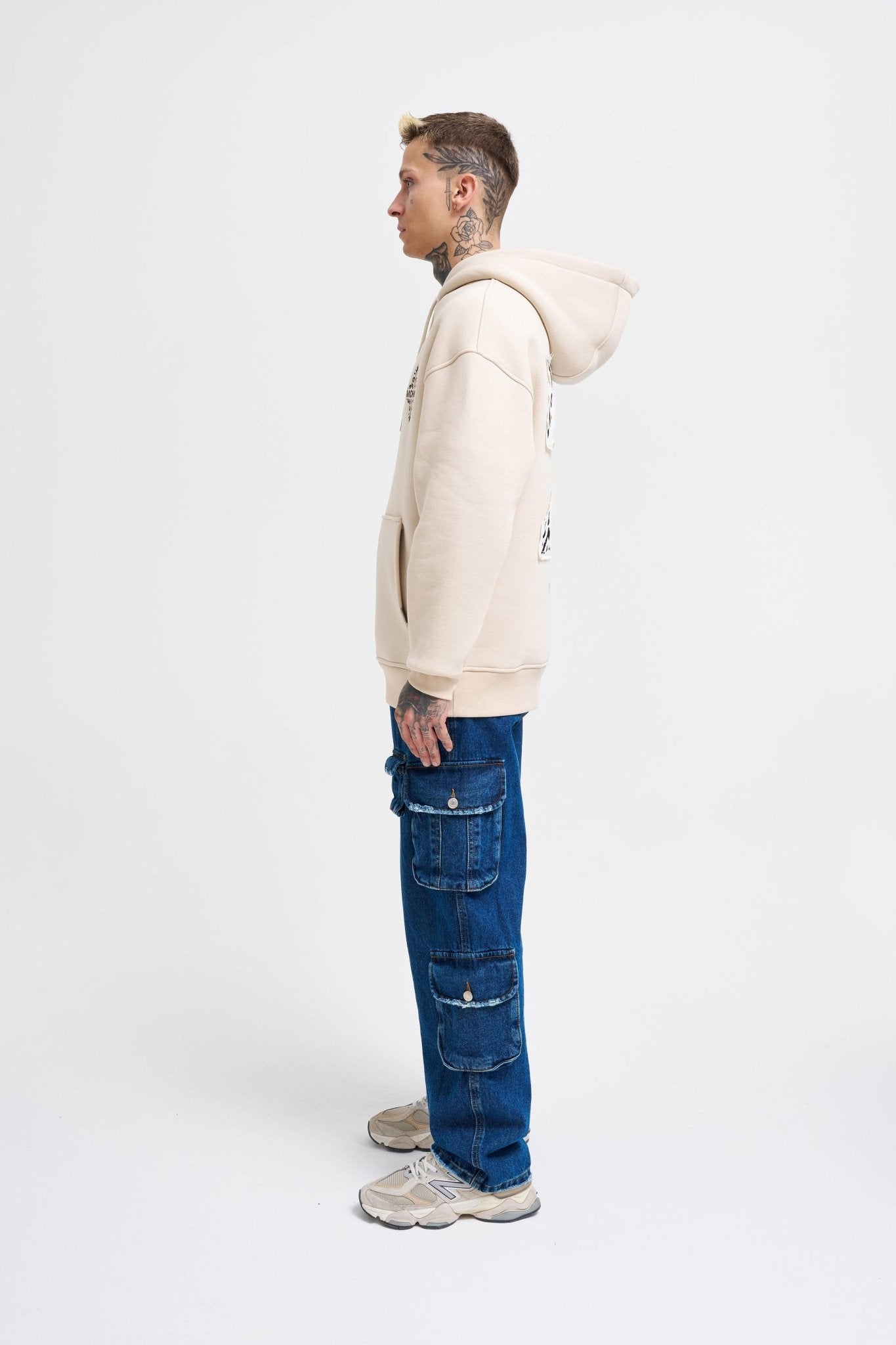 Erkek Patcwork Embroidered Kapüşonlu Sweatshirt Açık Bej