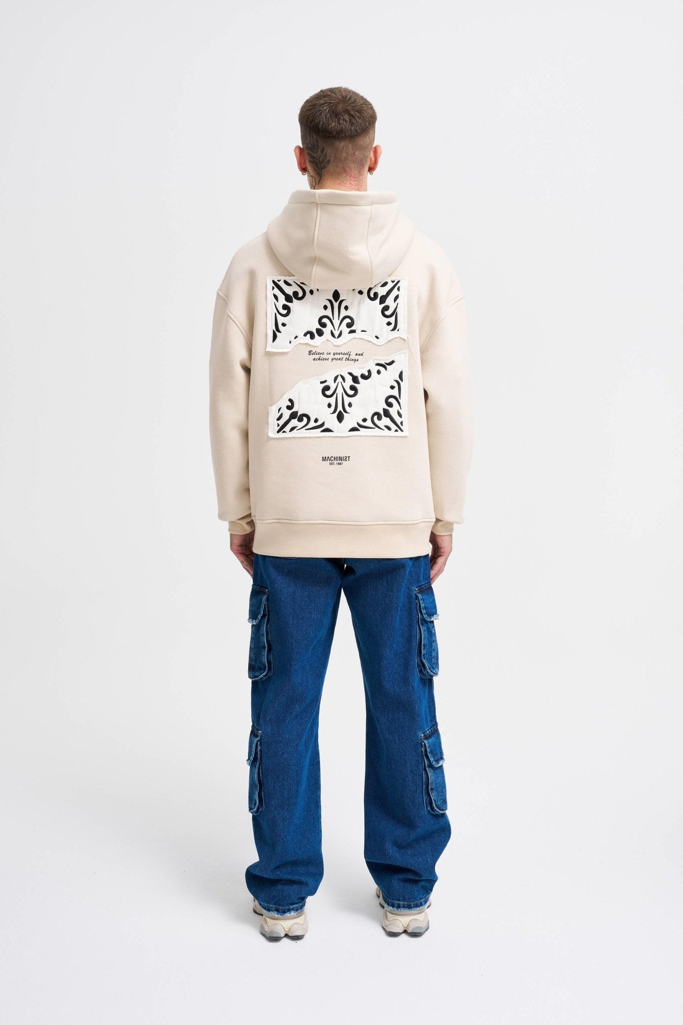 Erkek Patcwork Embroidered Kapüşonlu Sweatshirt Açık Bej