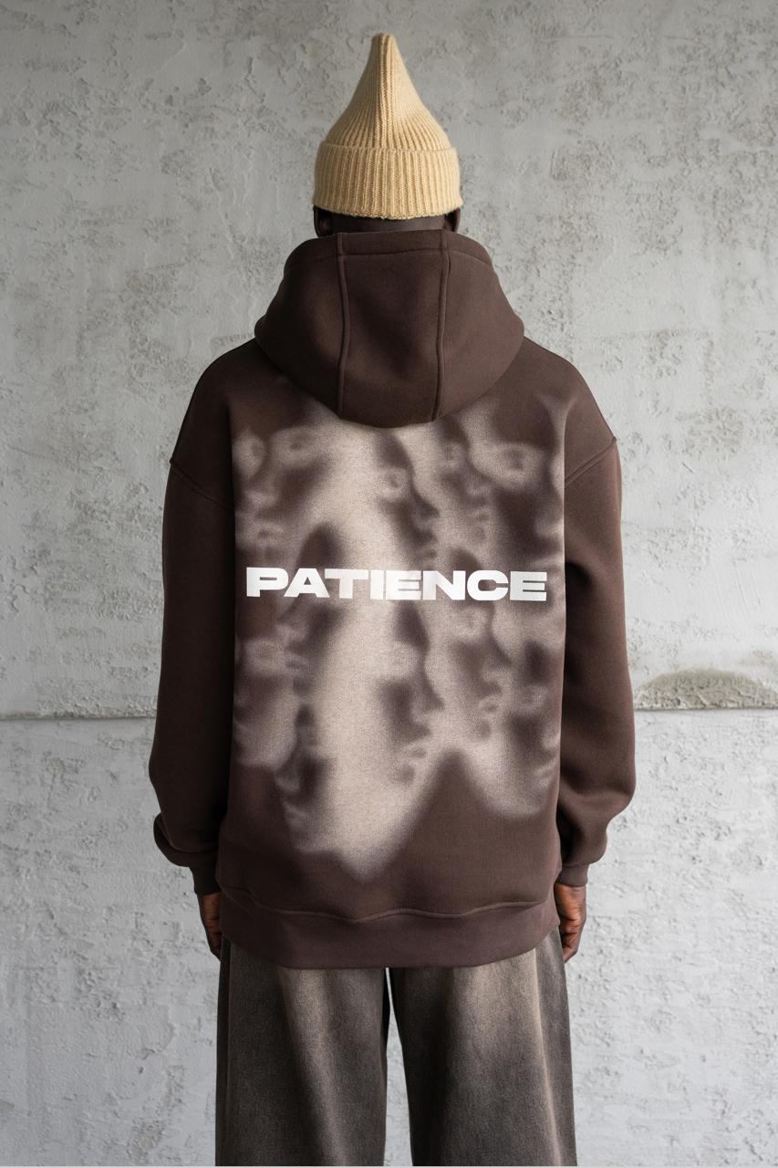 Erkek Patience Baskılı Kapüşonlu Sweatshirt Koyu Kahverengi