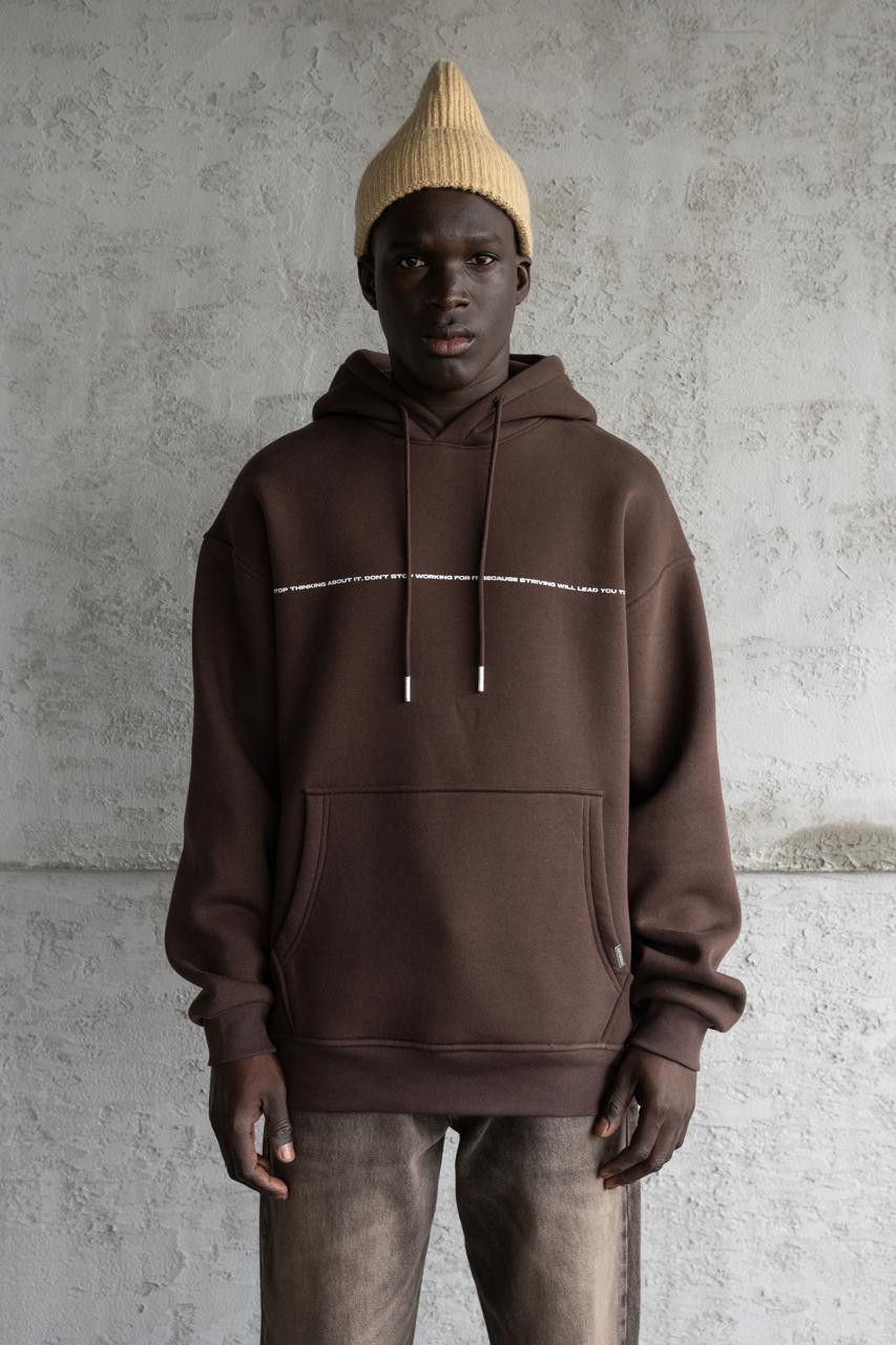 Erkek Patience Baskılı Kapüşonlu Sweatshirt Koyu Kahverengi