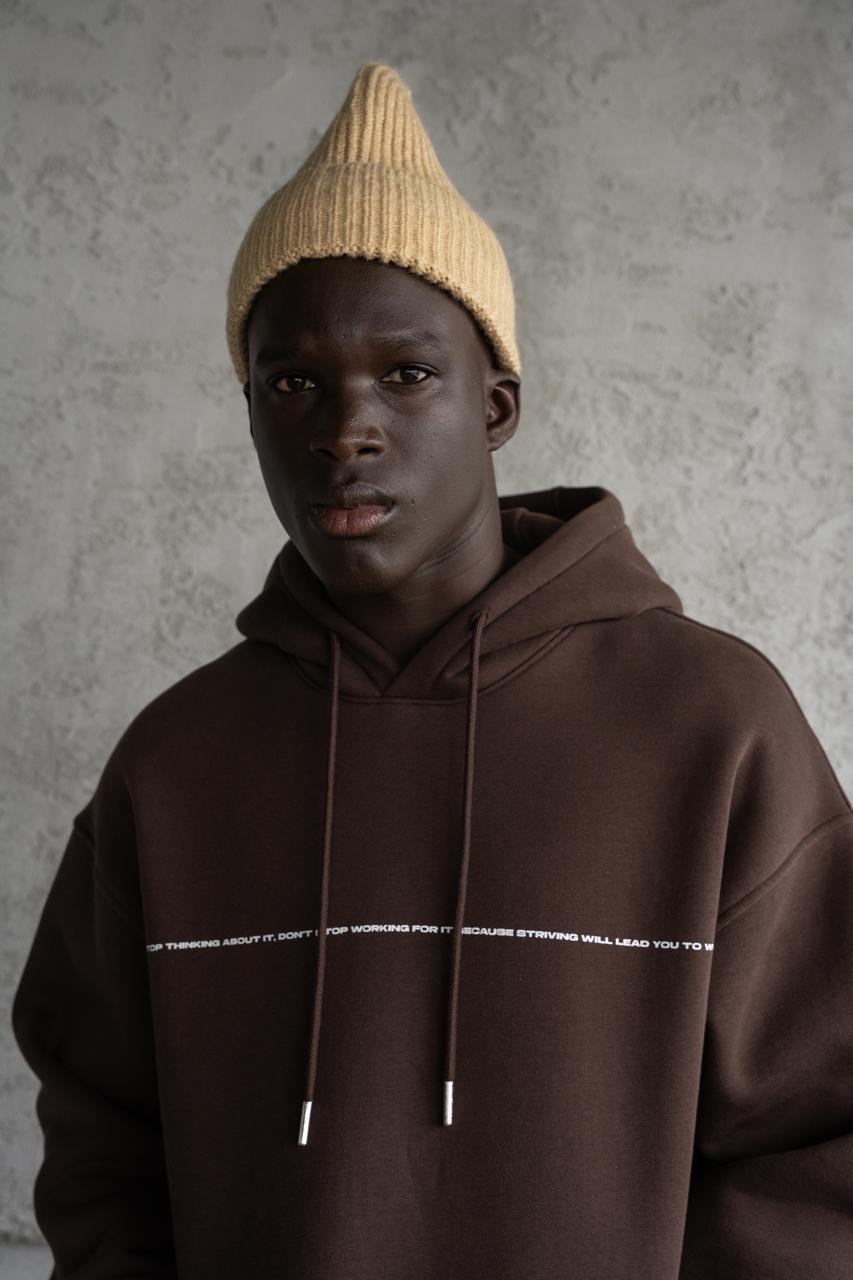 Erkek Patience Baskılı Kapüşonlu Sweatshirt Koyu Kahverengi