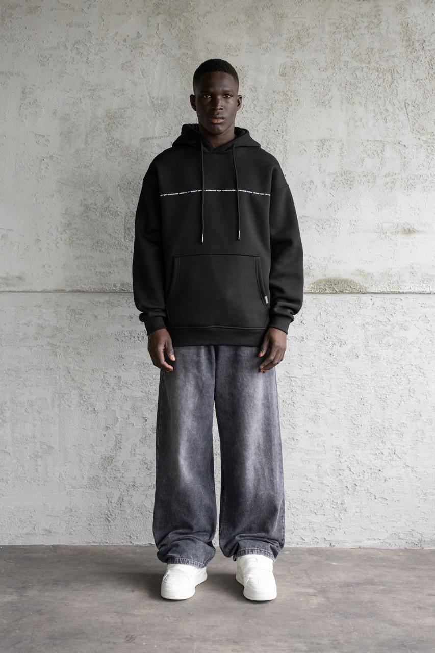 Erkek Patience Baskılı Kapüşonlu Sweatshirt Siyah