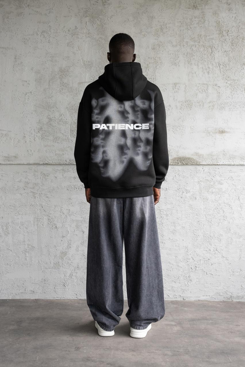 Erkek Patience Baskılı Kapüşonlu Sweatshirt Siyah