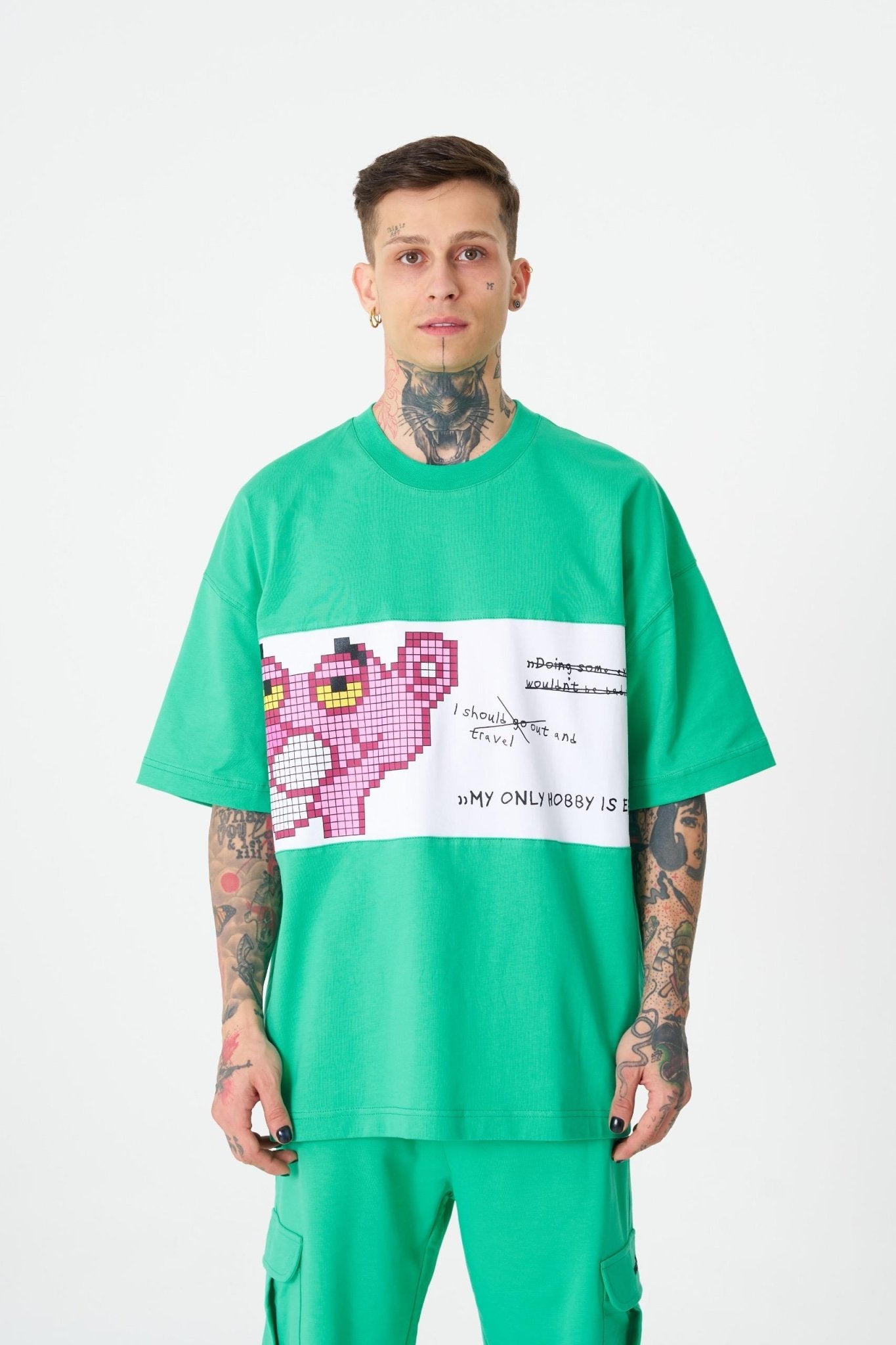Erkek Pink Panter Baskılı Oversize Tişört Elektrik Yeşili