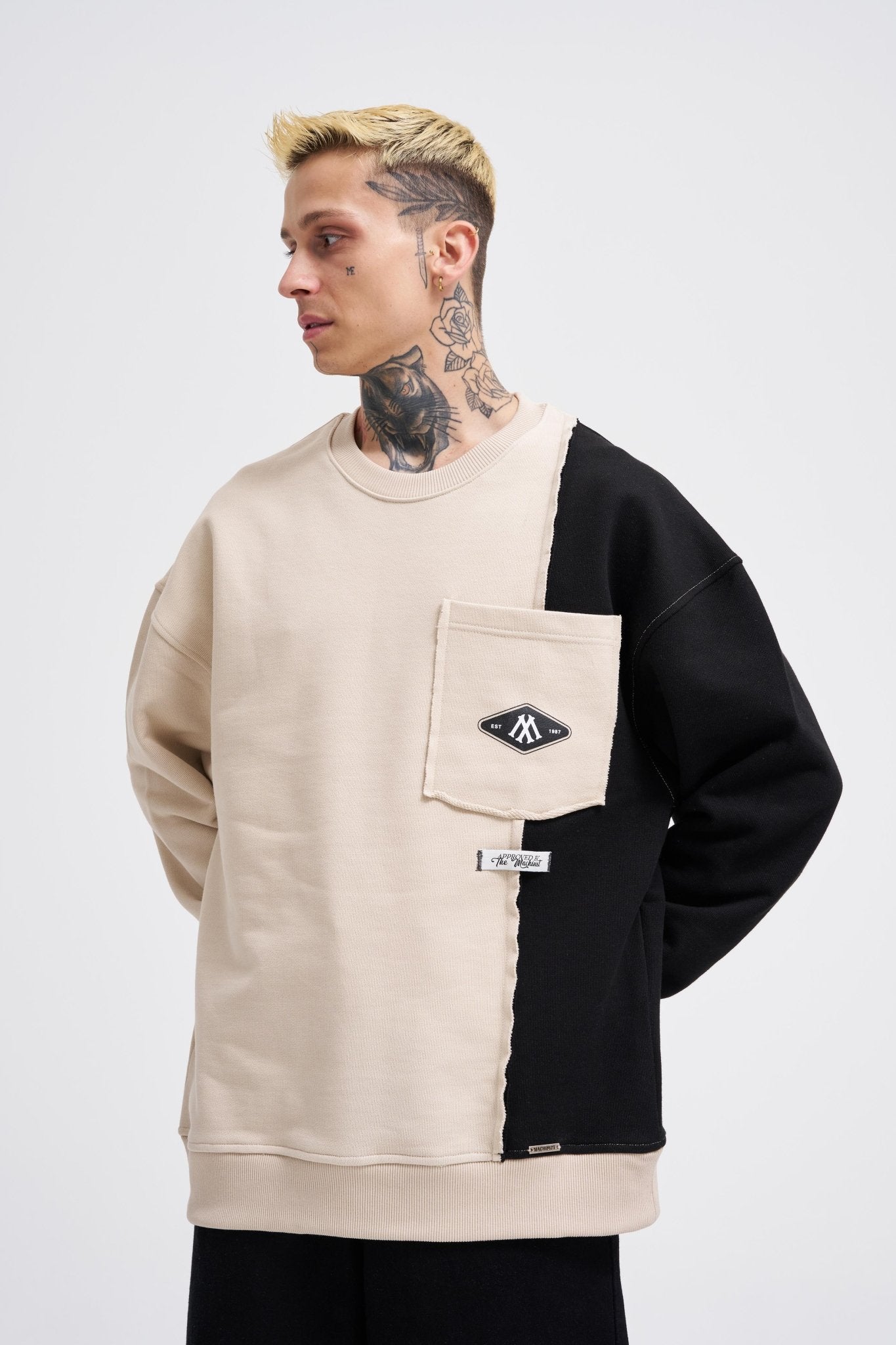 Erkek Pocket and Pieced Sweatshirt Açık Bej - Siyah
