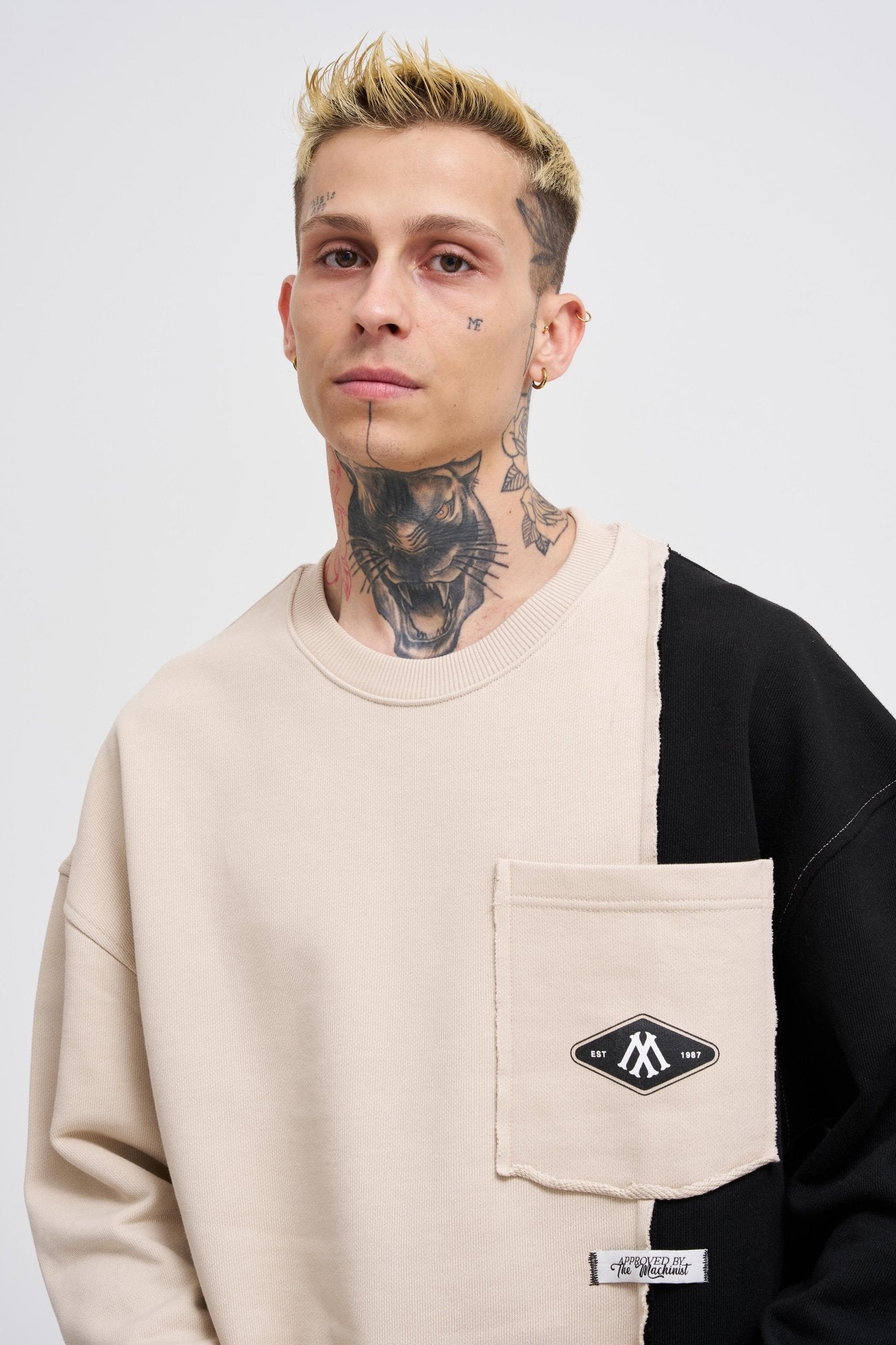 Erkek Pocket and Pieced Sweatshirt Açık Bej - Siyah