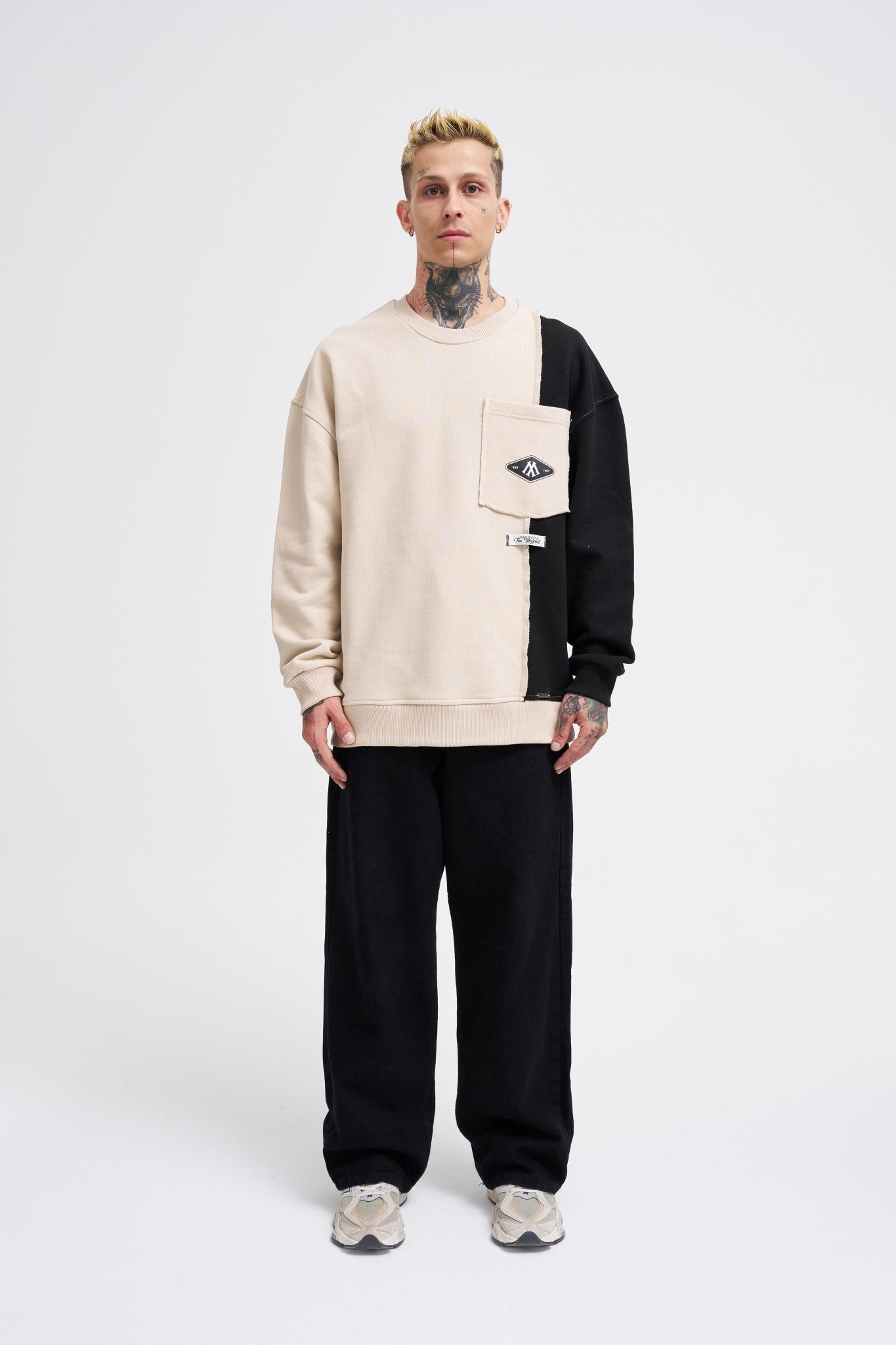 Erkek Pocket and Pieced Sweatshirt Açık Bej - Siyah