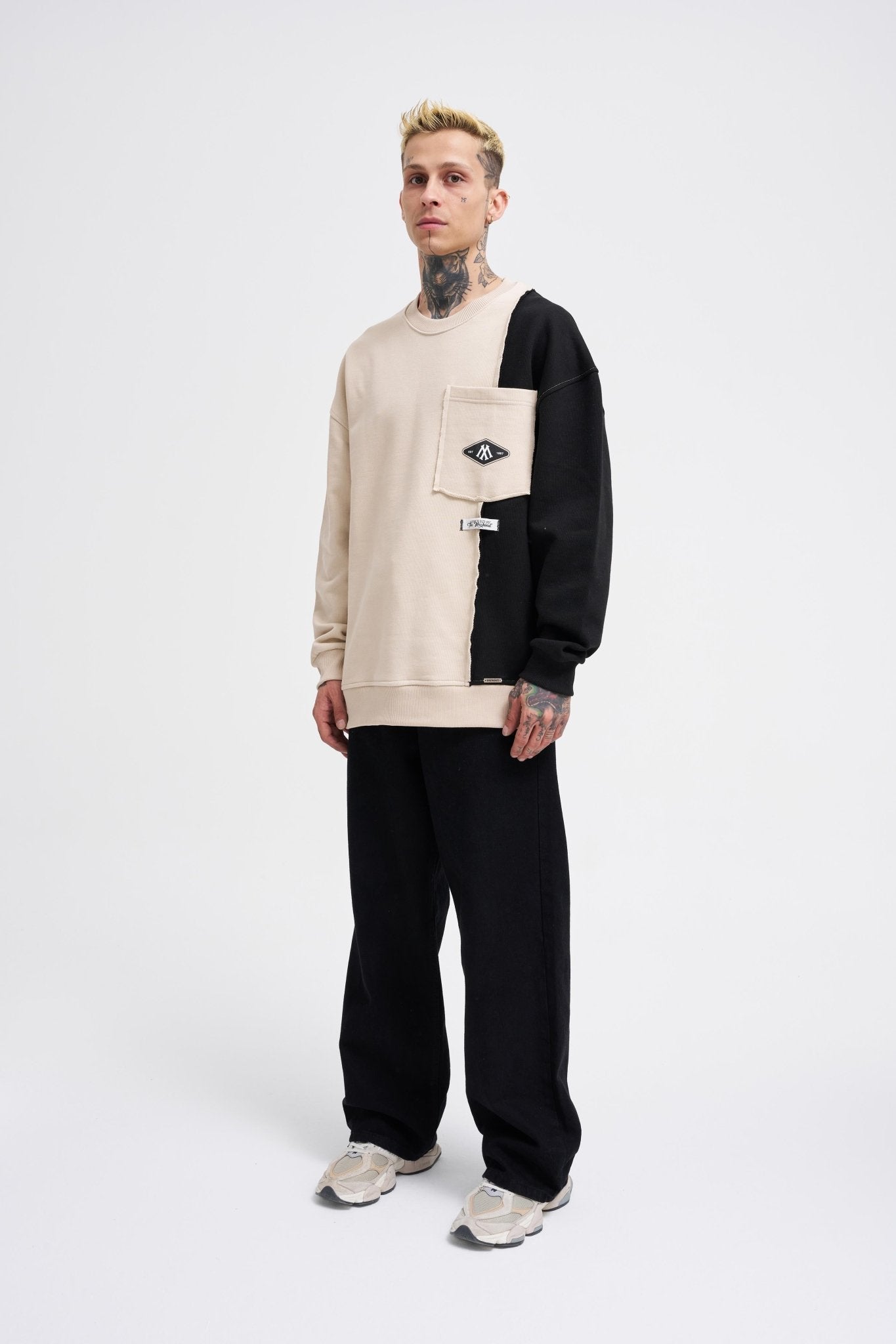 Erkek Pocket and Pieced Sweatshirt Açık Bej - Siyah