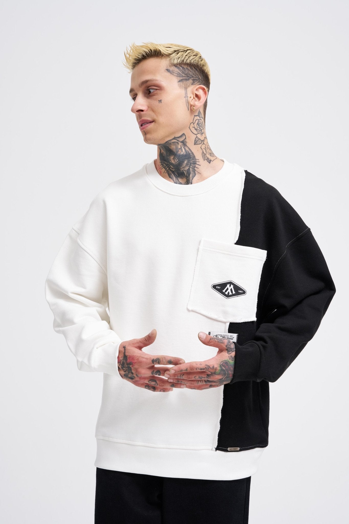 Erkek Pocket and Pieced Sweatshirt Ekru - Siyah