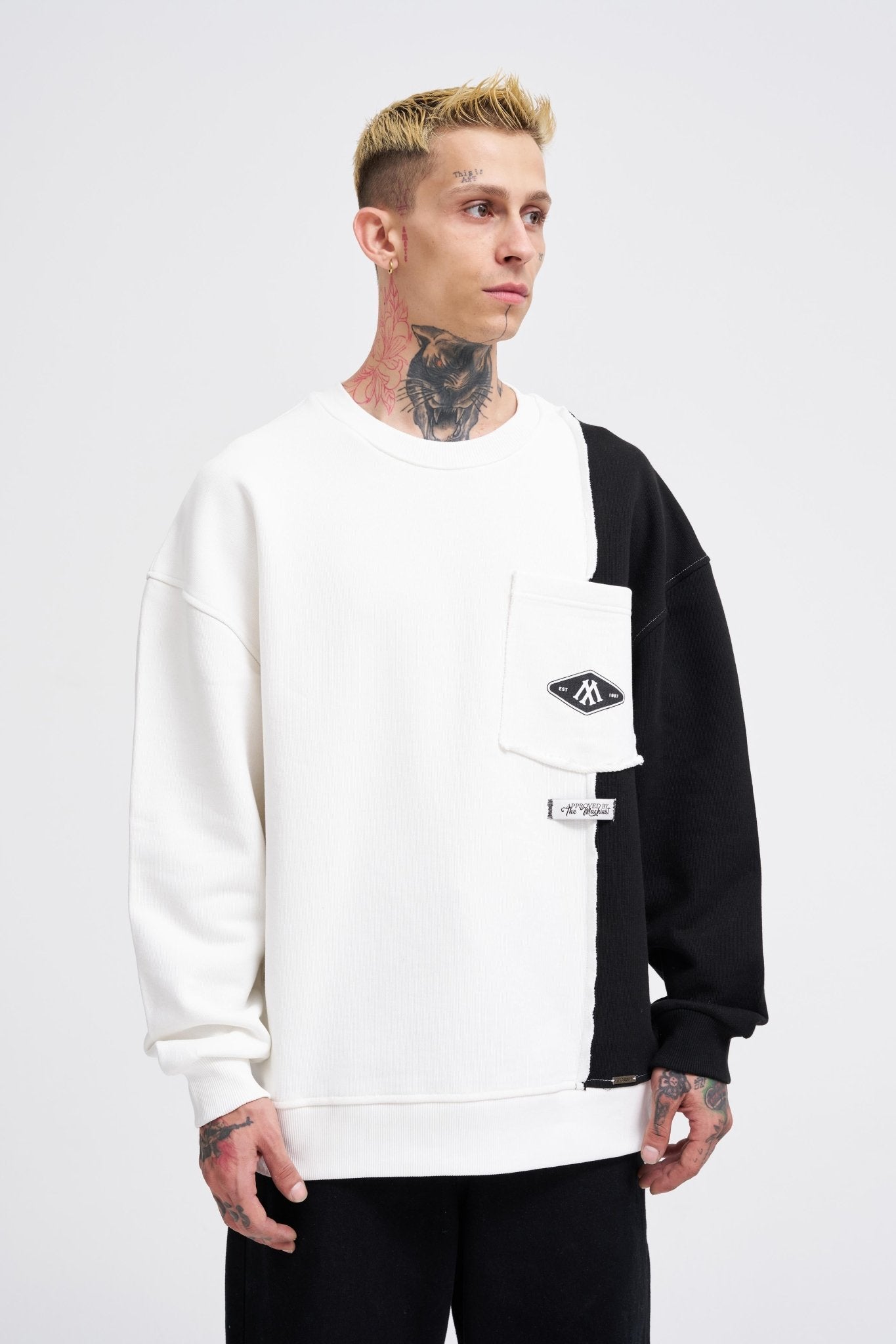 Erkek Pocket and Pieced Sweatshirt Ekru - Siyah