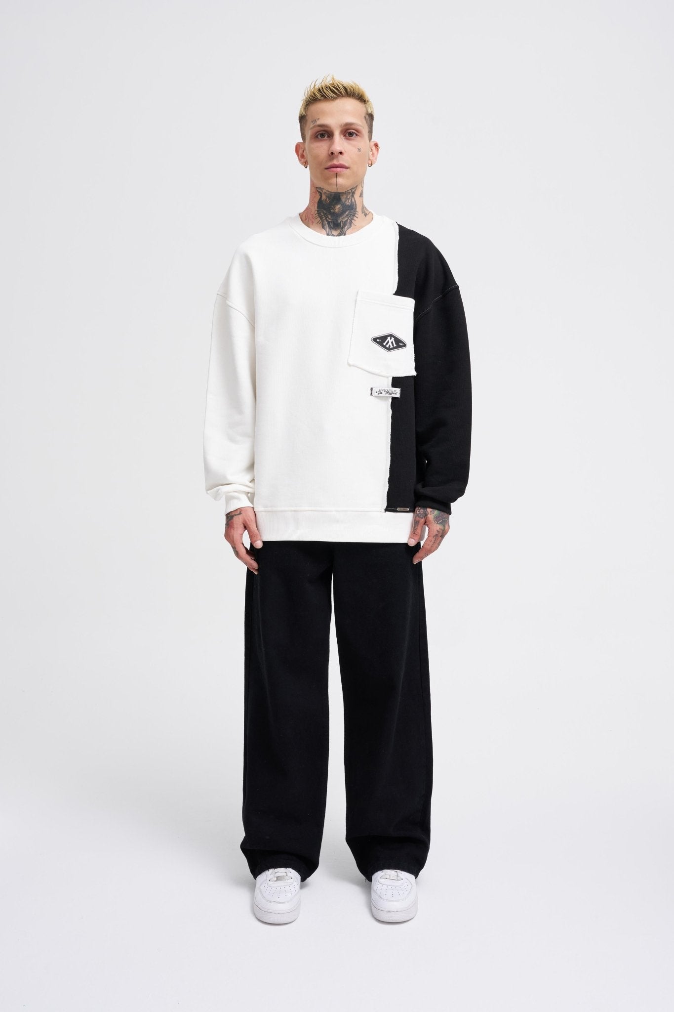 Erkek Pocket and Pieced Sweatshirt Ekru - Siyah