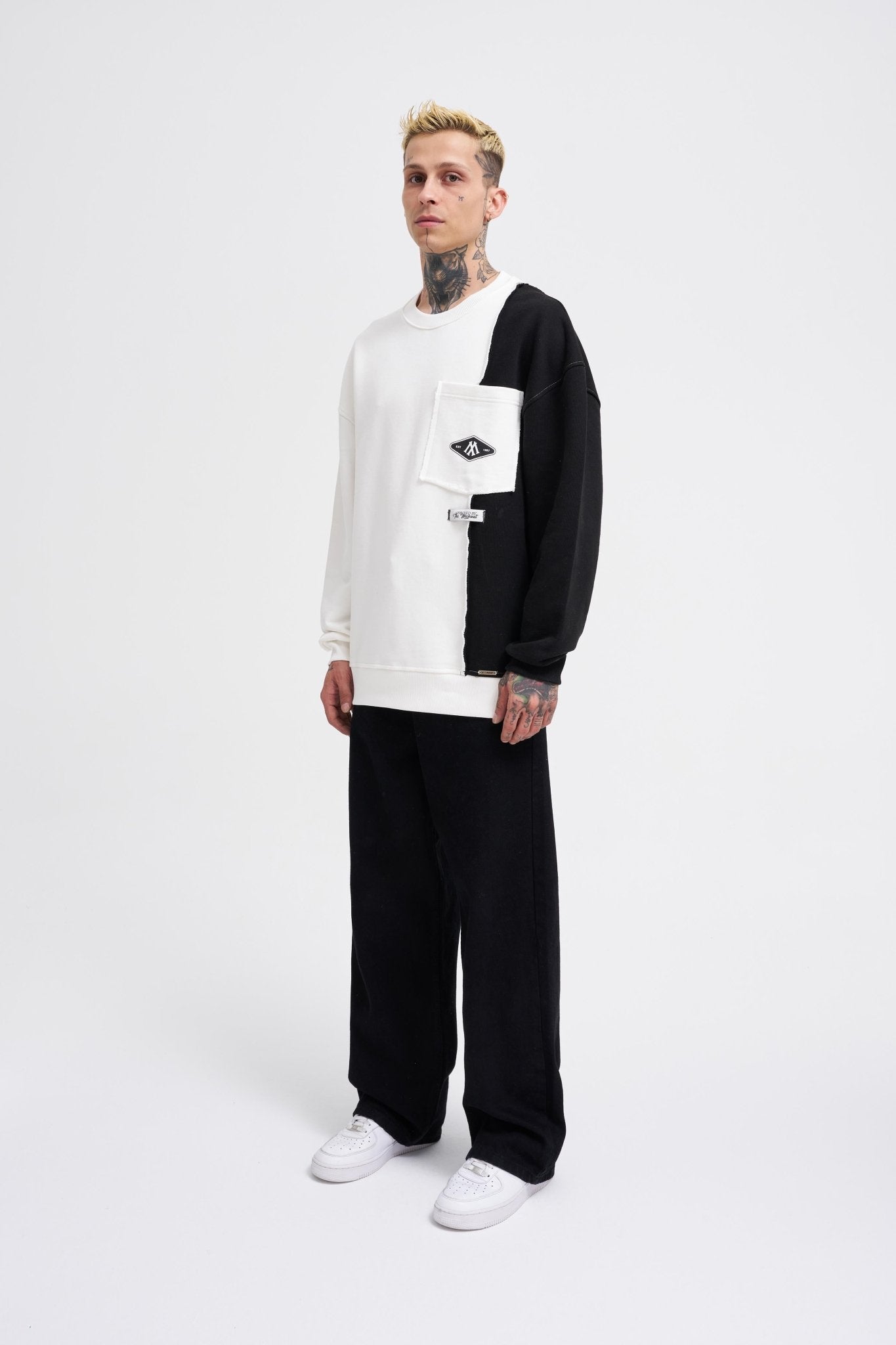 Erkek Pocket and Pieced Sweatshirt Ekru - Siyah