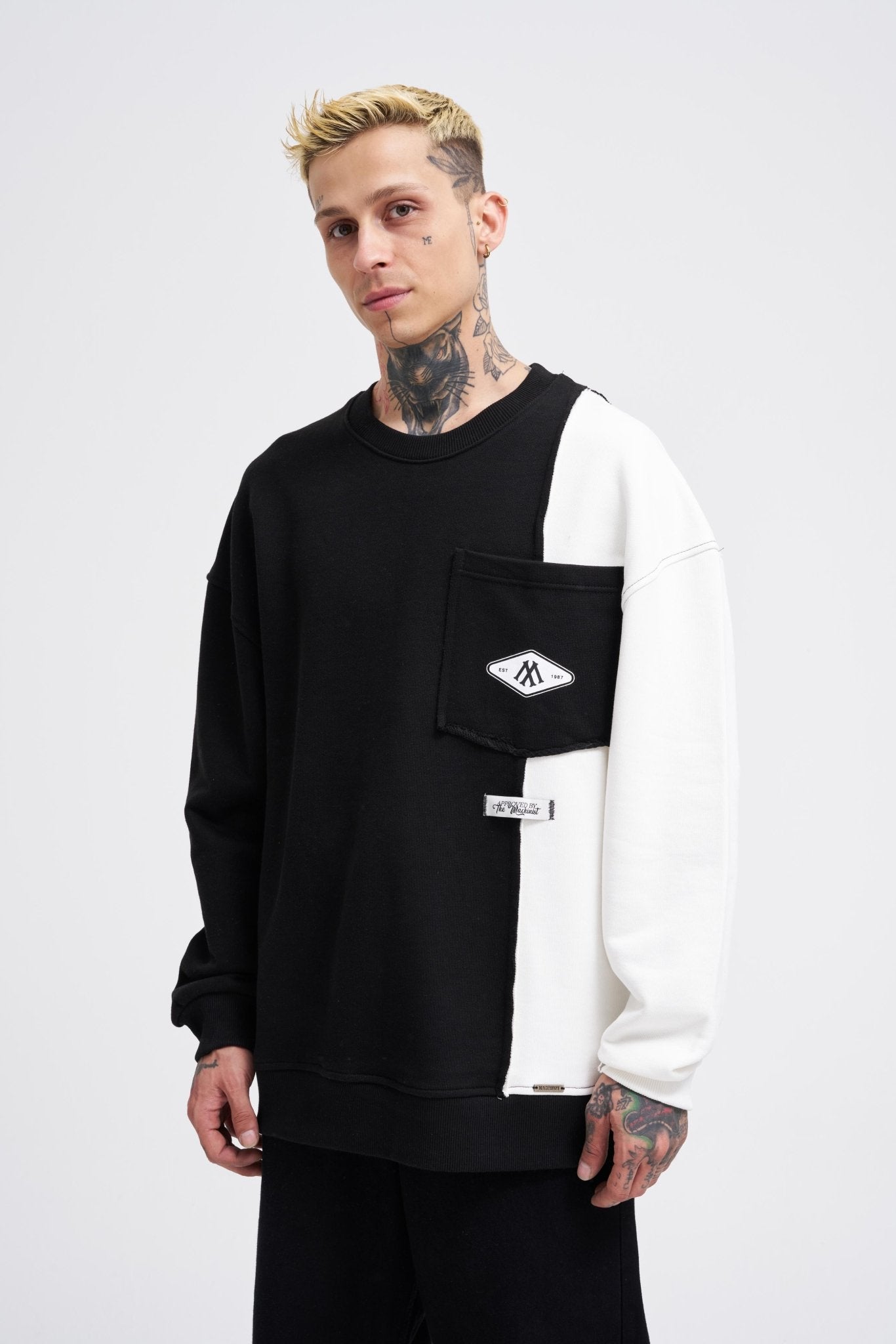 Erkek Pocket and Pieced Sweatshirt Siyah - Ekru