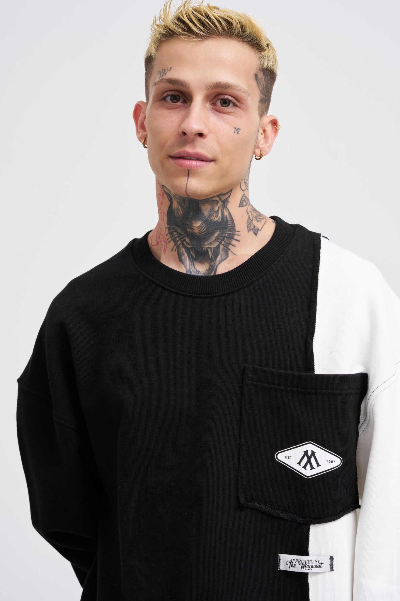 Erkek Pocket and Pieced Sweatshirt Siyah - Ekru