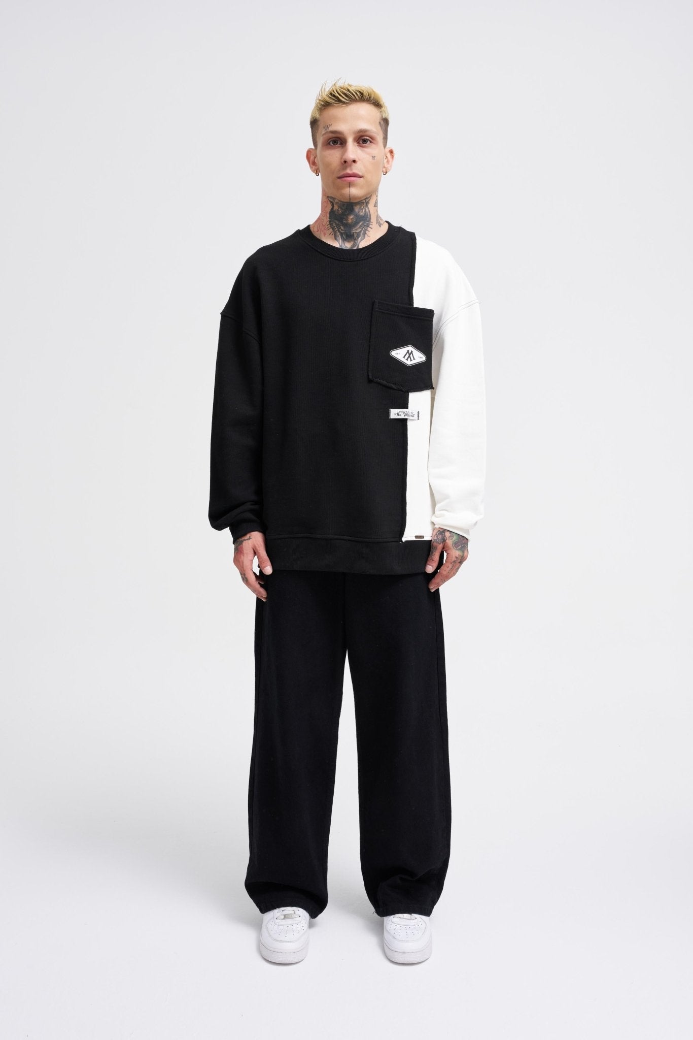 Erkek Pocket and Pieced Sweatshirt Siyah - Ekru