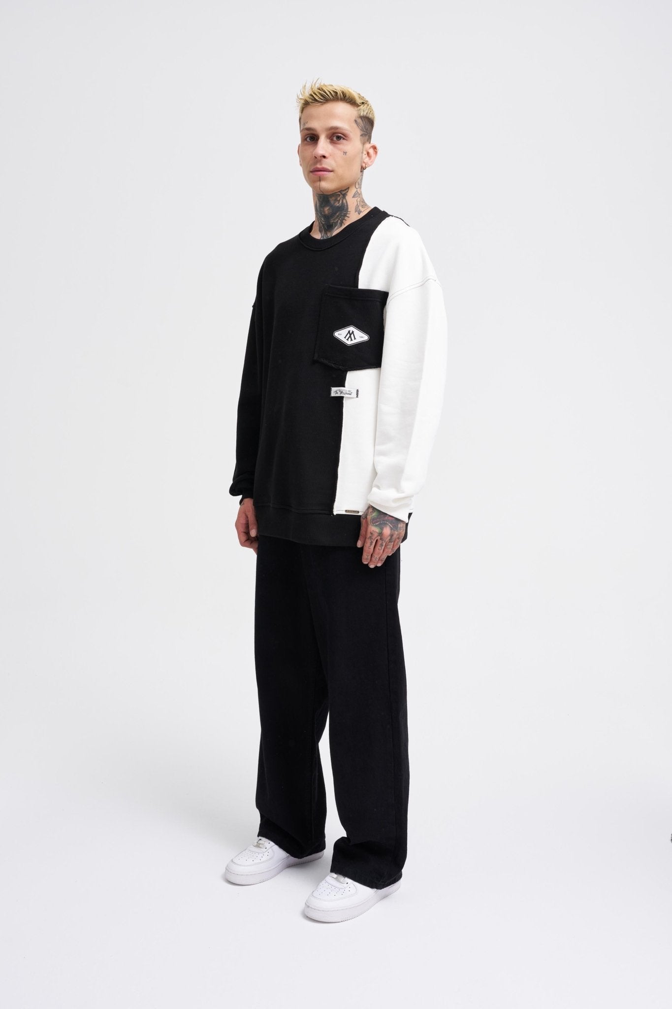 Erkek Pocket and Pieced Sweatshirt Siyah - Ekru