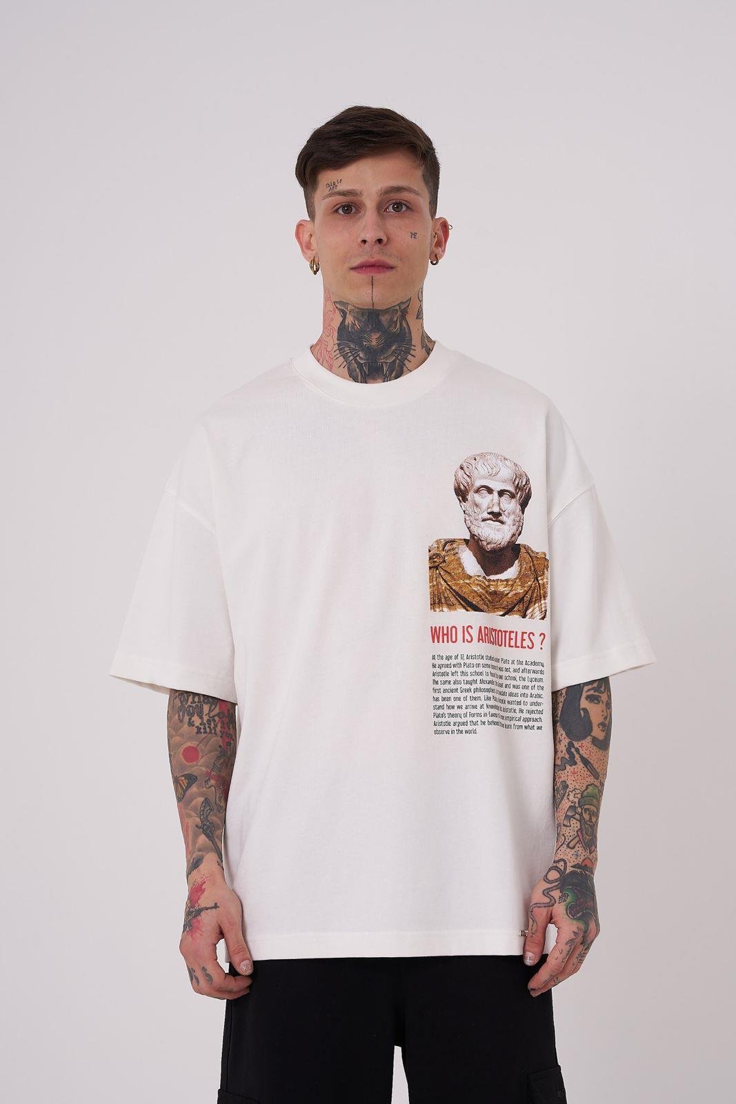 Erkek Premium Aristotales High Baskılı Oversize Tişört Ekru