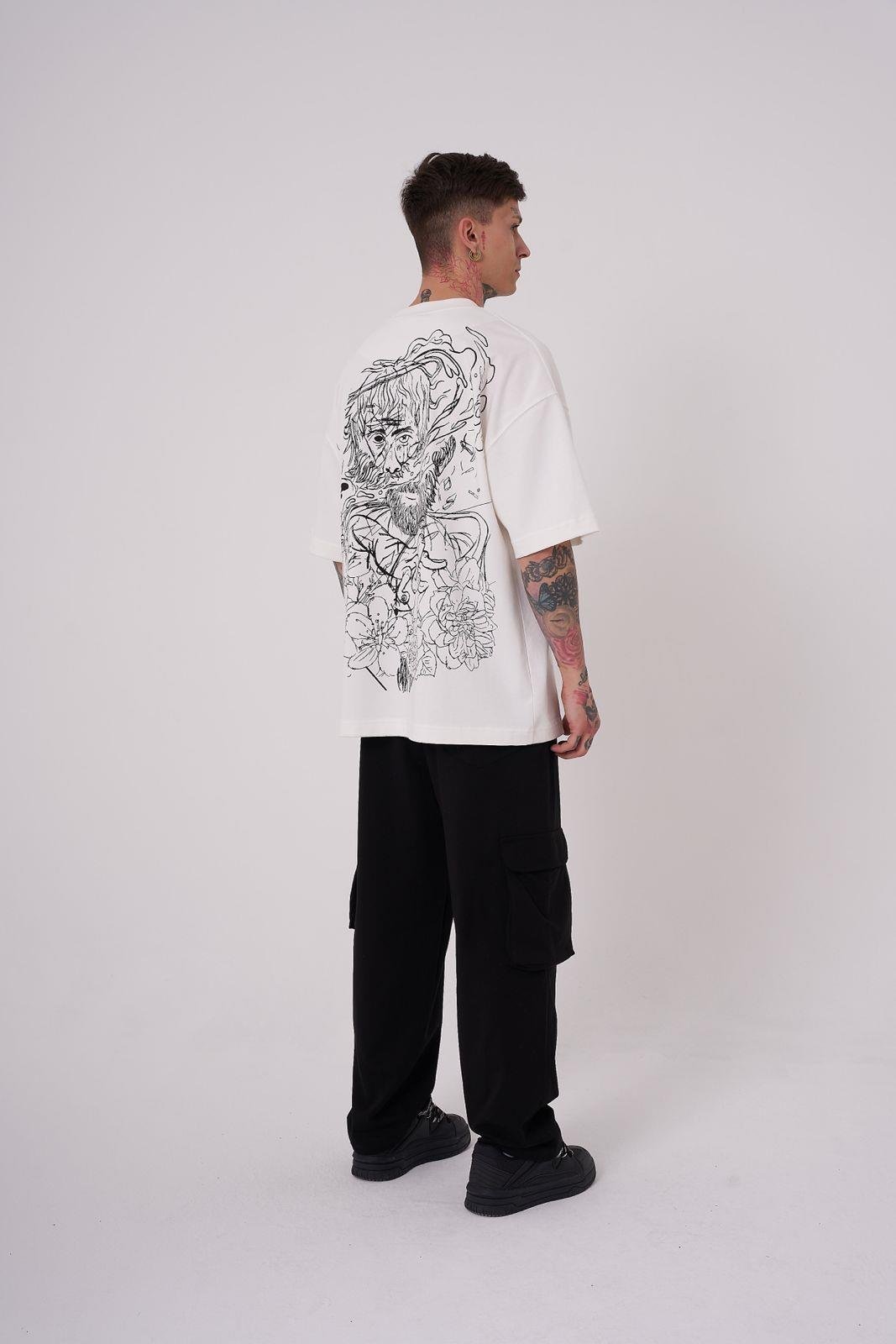 Erkek Premium Aristotales High Baskılı Oversize Tişört Ekru