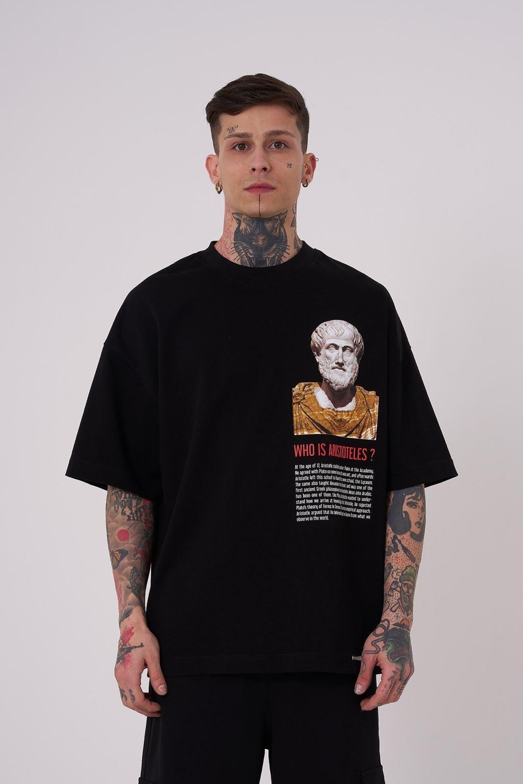 Erkek Premium Aristotales High Baskılı Oversize Tişört Siyah